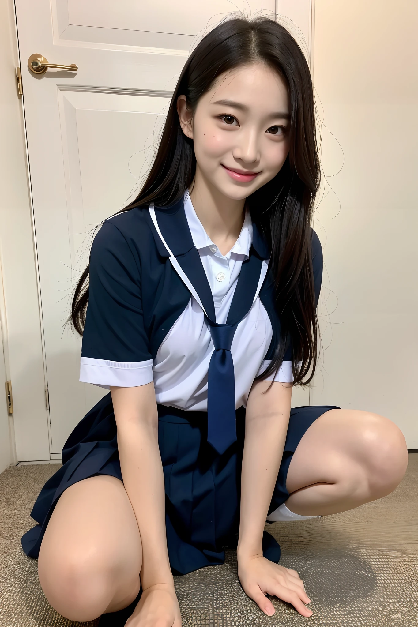 Very detailed 8k wallpaper)、sharp-focus、In detail、drama、Delicate and beautiful schoolgirl、Full body like、(Sheer white shirt、)necktie、Dark blue pleated micro mini、light brown-hair、Smooth pigtails、sexy、(Dark pink underwear、)smile on face、Peek at the viewer、Beautiful graphics、Bright school building、Full of students、Show me your whole body、(Show me your panties、sitted、)White socks、。韓国アイドル、乃木坂アイドル、hposing Gravure Idol、女優