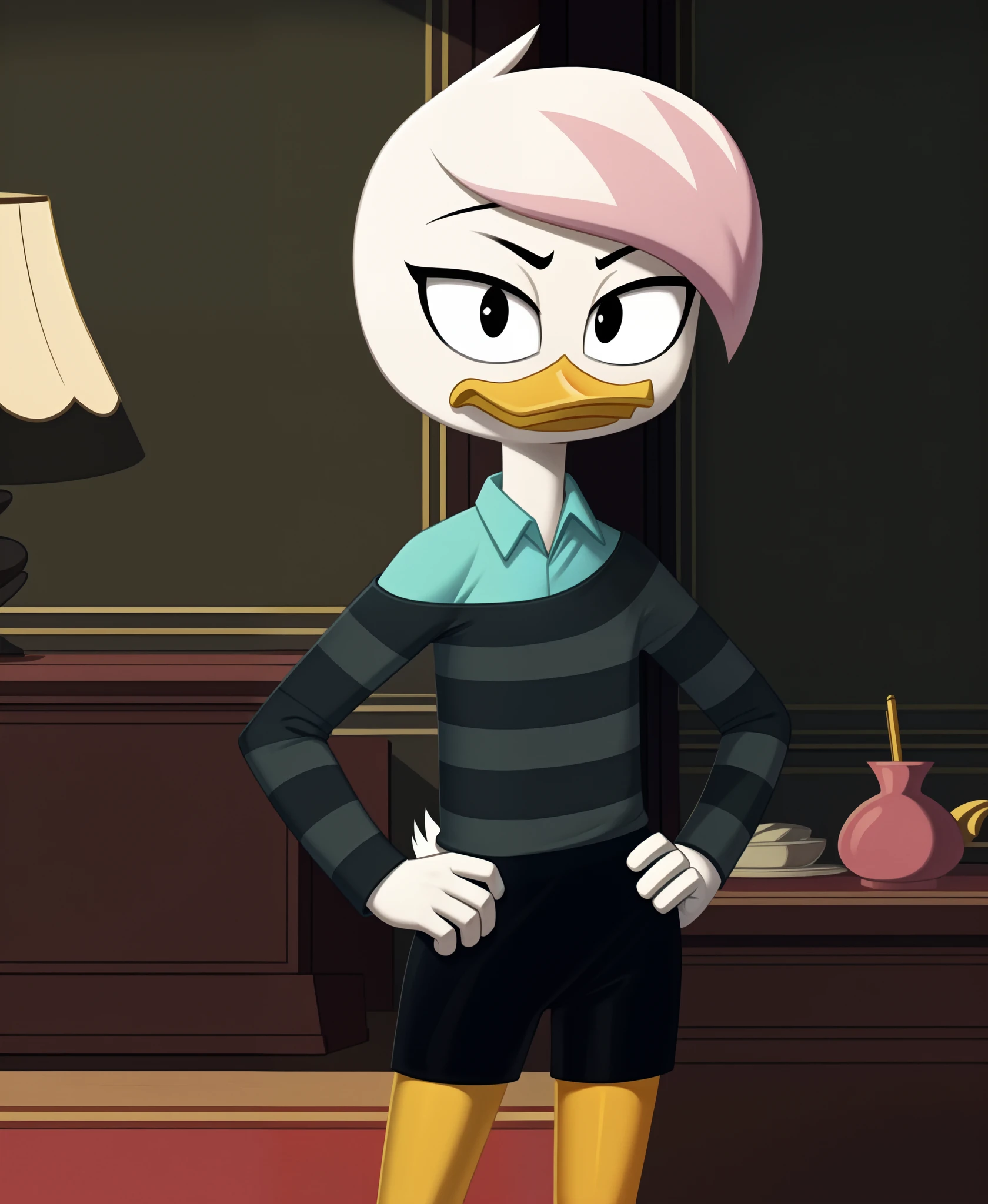 (by drockdraw:1.2) (by chelodoy:1) (by ashraely:1) lena sabrewing, white skin, white hair, pink highlights, long sleeves, striped shirt, teal dress shirt, orange legs:1.2, tsundere:1.3, black eyes, scut tail, ducktales, eyeliner, off shoulder, beak, short hair, standing, solo:1.2, duck, beak, black shorts, tight shorts, hand on hip, wide eyes, eyeliner, black eyes, off shoulder, short hair (mansion background, inside:1.2)