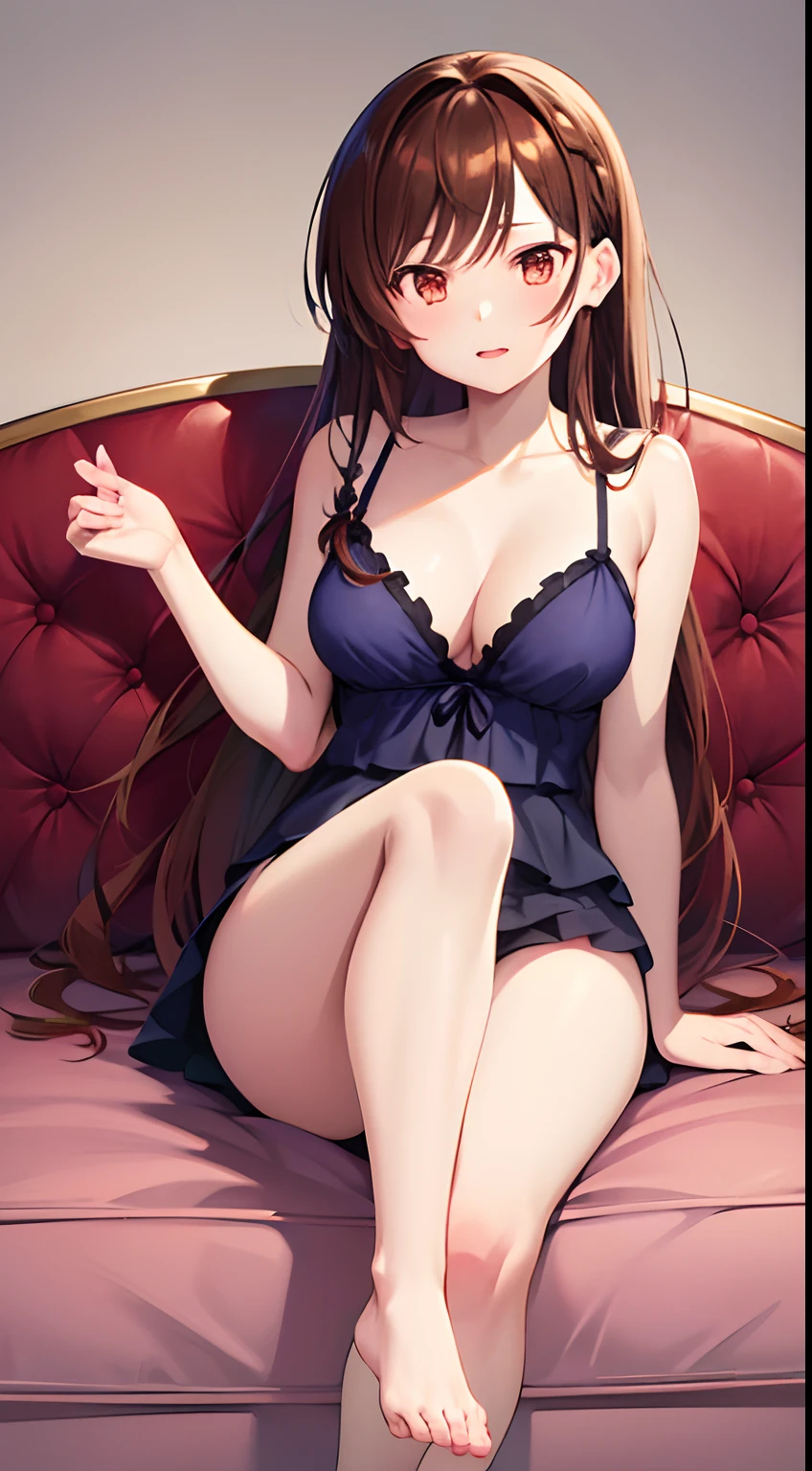 Draw the anime character Chizuru from Rent-a-Girlfriend. Chizuru has waist-length chestnut-brown hair with bangs and light brown eyes. Her hair is mostly let down except for a small braid on the right side of her head. She has fair skin and a slim, well-endowed figure with large breasts. Chizuru is sitting on a sofa with her hands behind her back. Chizuru is wearing a nightware, and bare foot.