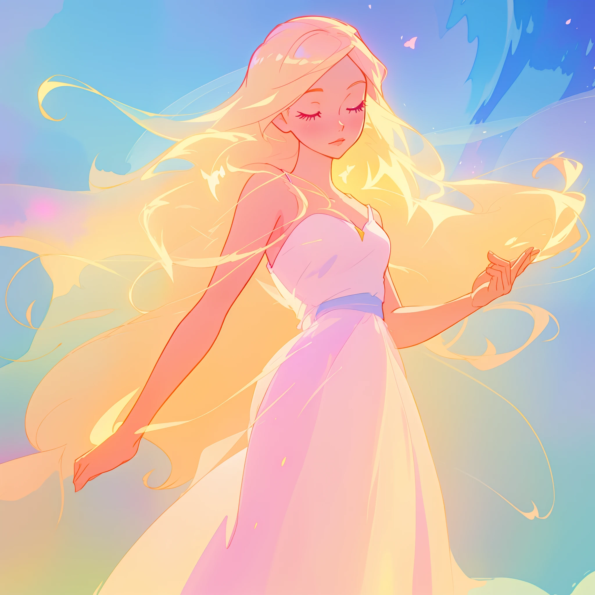 beautiful girl in pink and white dress, fairy dress, long golden hair, watercolor illustration, inspired by Glen Keane, inspired by Lois van Baarle, disney art style, by Lois van Baarle, glowing aura around her, by Glen Keane, jen bartel, glowing lights! digital painting, flowing glowing hair, glowing flowing hair, beautiful digital illustration, fantasia otherworldly landscape plants flowers, beautiful, masterpiece, best quality, anime disney style