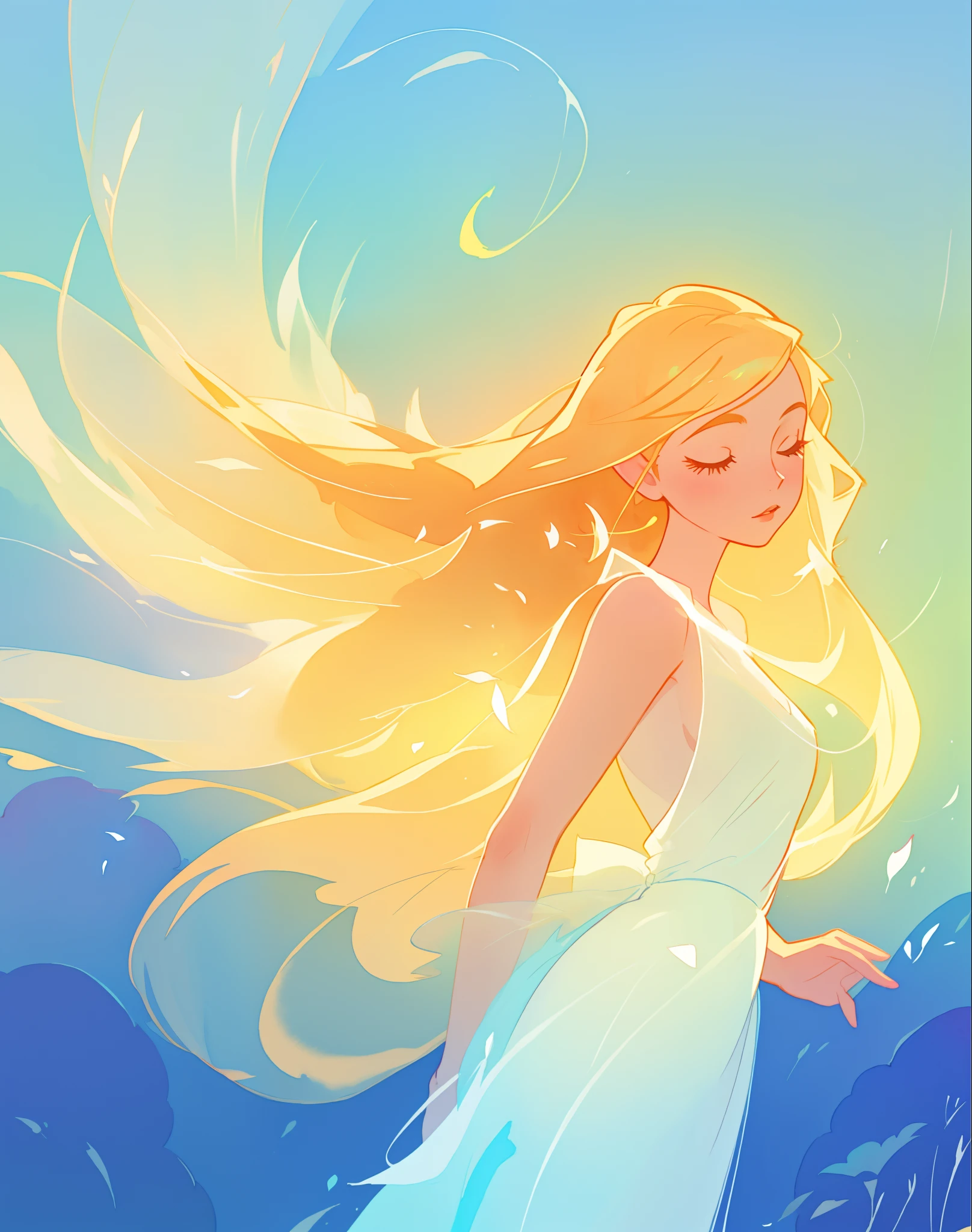 beautiful girl in white dress, fairy dress, long golden hair, watercolor illustration, inspired by Glen Keane, inspired by Lois van Baarle, disney art style, by Lois van Baarle, glowing aura around her, by Glen Keane, jen bartel, glowing lights! digital painting, flowing glowing hair, glowing flowing hair, beautiful digital illustration, fantasia otherworldly landscape plants flowers, beautiful, masterpiece, best quality, anime disney style