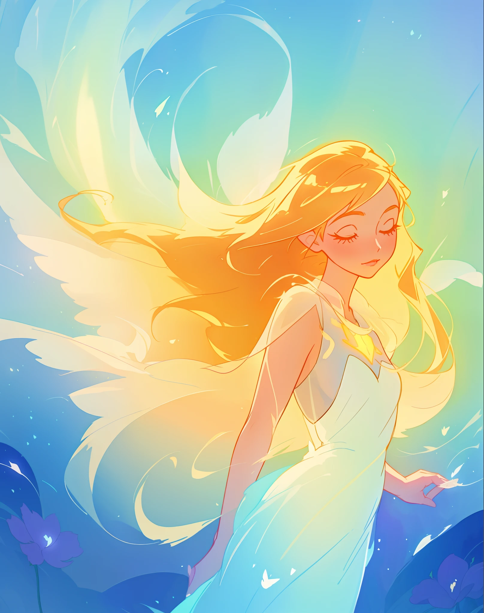 beautiful girl in white dress, fairy dress, long golden hair, watercolor illustration, inspired by Glen Keane, inspired by Lois van Baarle, disney art style, by Lois van Baarle, glowing aura around her, by Glen Keane, jen bartel, glowing lights! digital painting, flowing glowing hair, glowing flowing hair, beautiful digital illustration, fantasia otherworldly landscape plants flowers, beautiful, masterpiece, best quality, anime disney style
