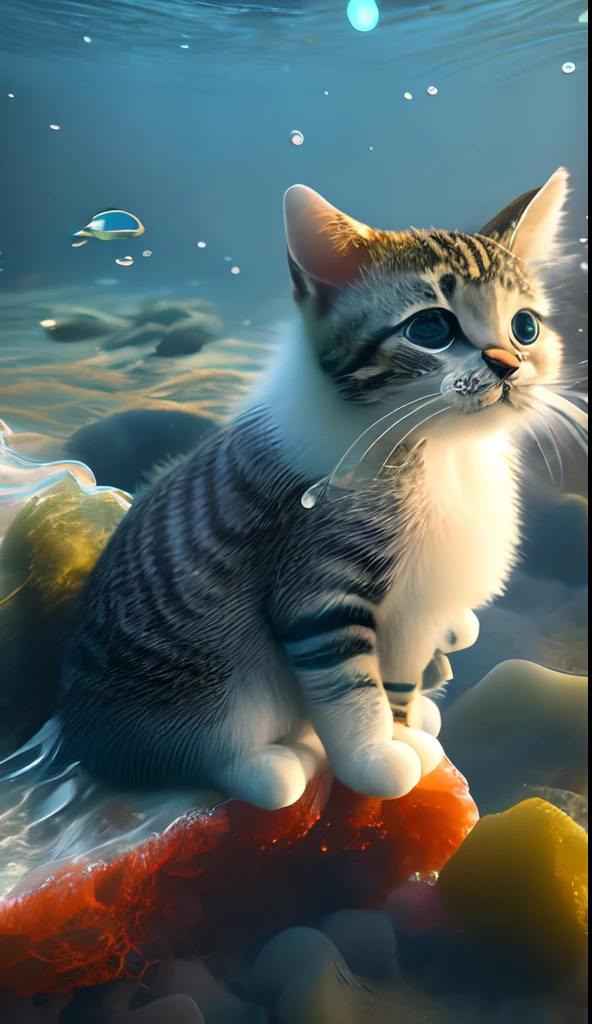 Cute baby cat with fish and seaweed and foam,Full-figured,Raw photo, Realism,There are a lot of small fish swimming in it