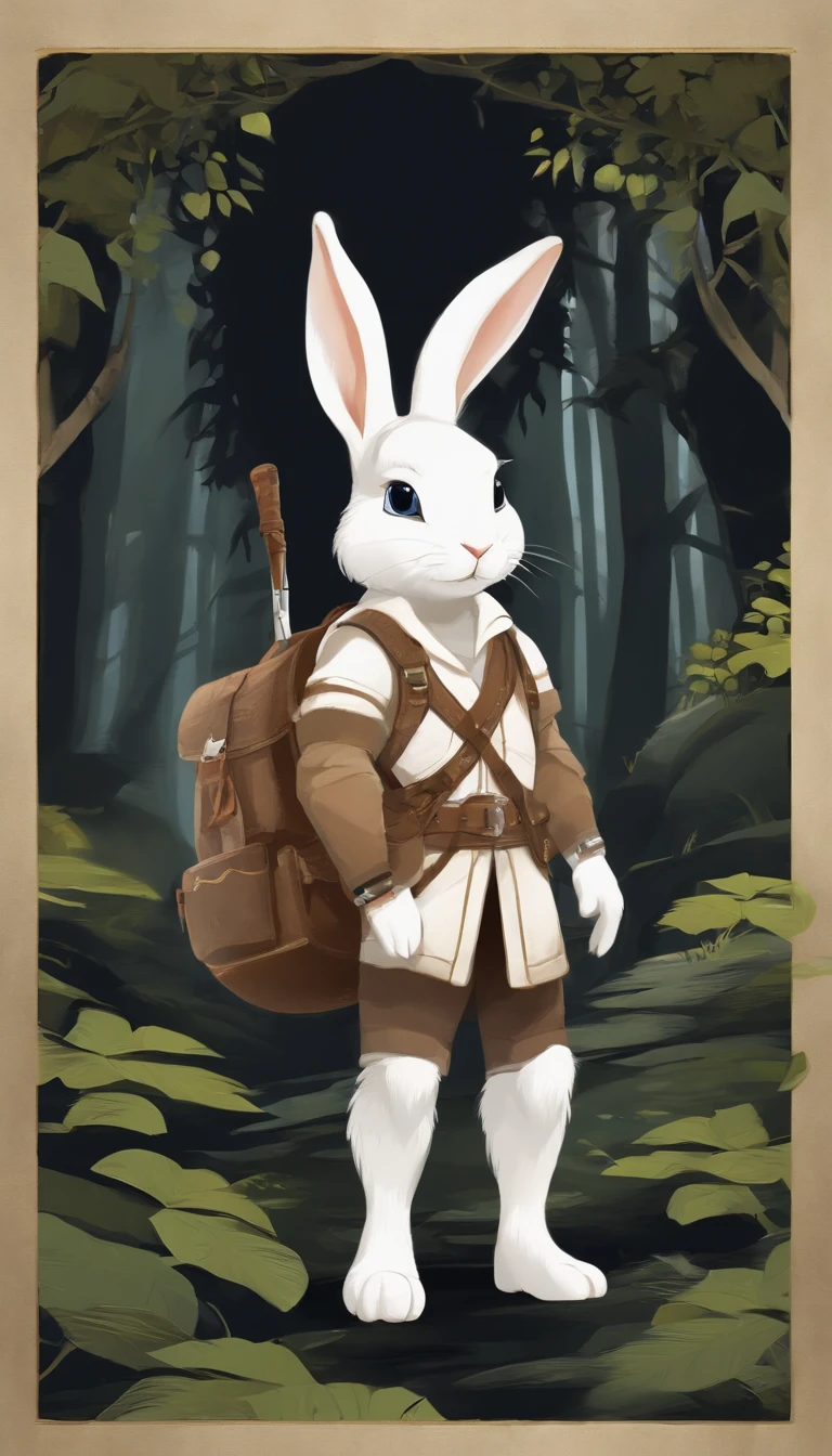Classic negative portrait photo,Fantasy video game character concept art,A cute white fluffy rabbit,There is an explorer temperament。The eyes have God,Carrying a small brown leather backpack,Watch the map and hike through the forest,dungeons and dragons,fantasy,rios,haze,Halo,blooms,Dramatic atmosphere,Dark fantasy films of the 1970s,at centre,the rule of thirds