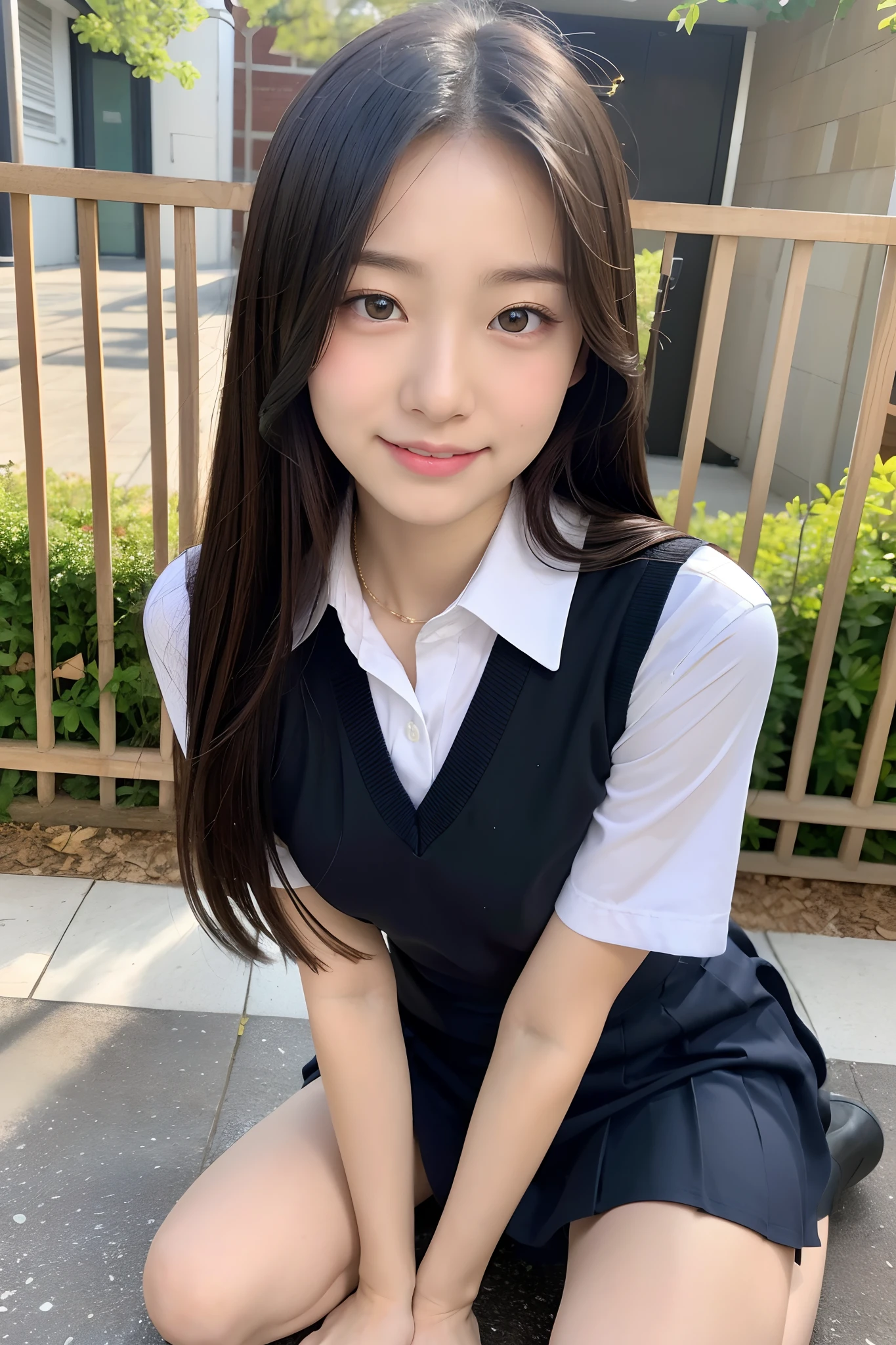 (masutepiece:1.3), (8K, Photorealistic, Raw photo, Best Quality: 1.4), Japanese, (1girl in), Beautiful face, (Realistic face), (Black hair), Beautiful hairstyle, Realistic eyes, Beautiful detailed eyes, (Realistic skin), Beautiful skin, Attractive, 超A high resolution, A hyper-realistic, Highly detailed, Golden ratio,School uniform.)、1girll、cute little、A smile、a closed mouth、Beautiful details、Beautiful nose in every detail、full body Esbian、wetting hair、Colossal Dalsepho、pork meat、student clothes、thighs thighs thighs thighs