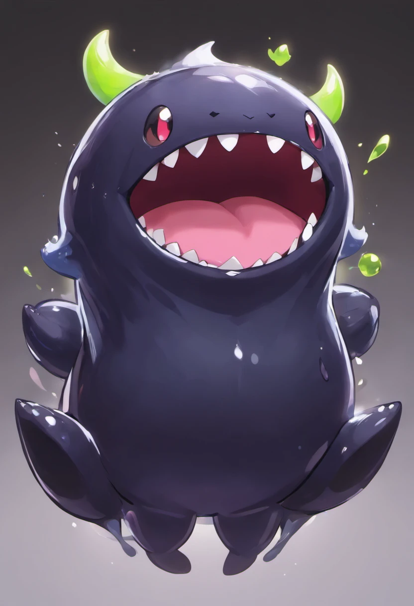 Pitch black slime with teeth, claws, fur, but mostly slime, wide mouth