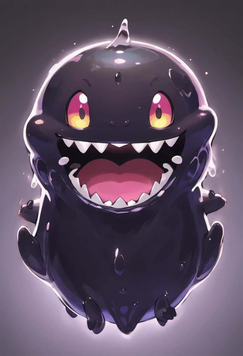 Pitch black slime with teeth, claws, fur, but mostly slime, wide mouth