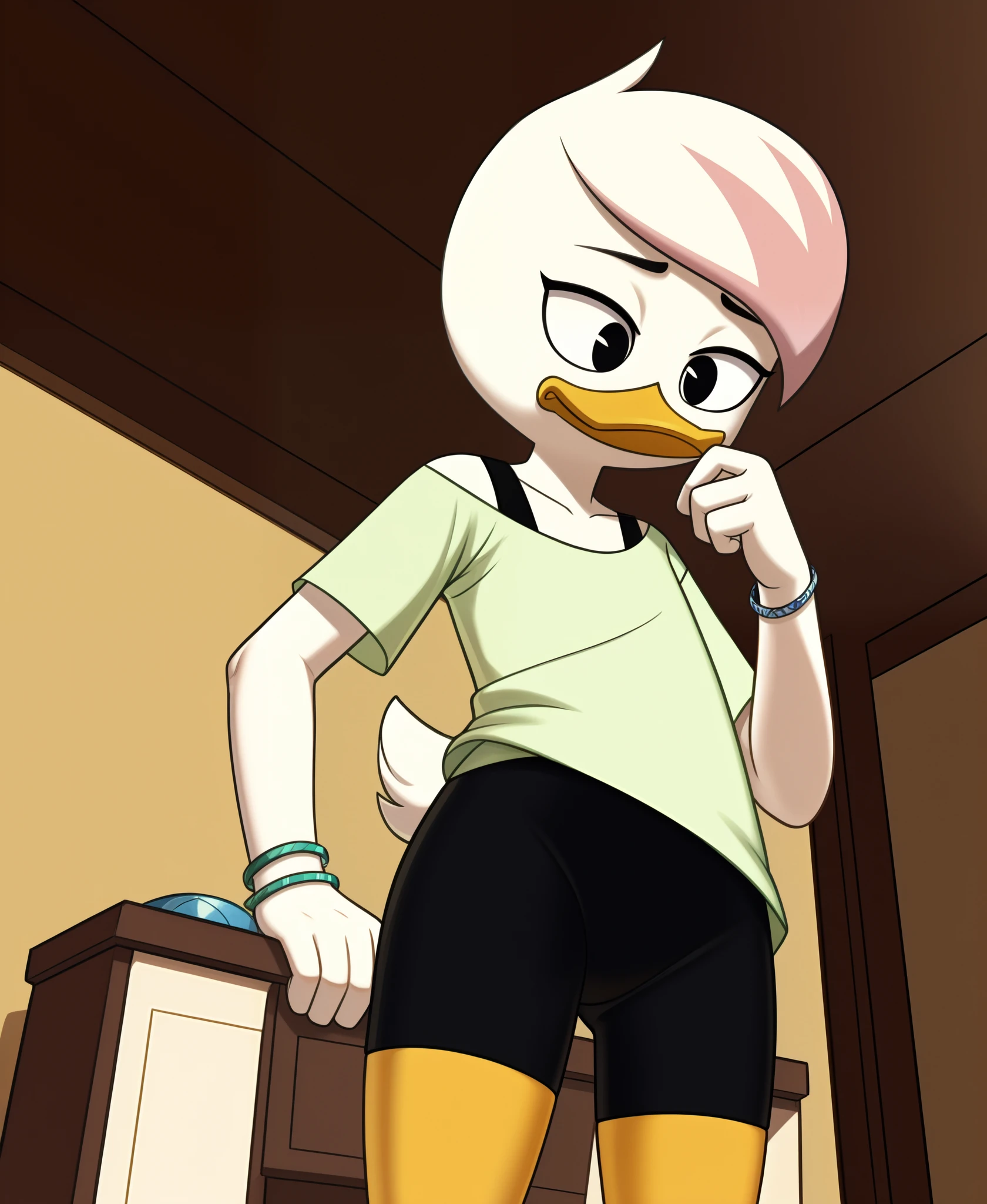 (by drockdraw:1.2) (by chelodoy:1) (by ashraely:1) lena sabrewing, white skin, white hair, pink highlights, light green shirt, bracelet, orange legs:1.2, tired:1.3, black eyes, scut tail, ducktales, eyeliner, beak, short hair, standing, solo:1.2, duck, beak, black shorts, tight shorts, hand on chin, eyeliner, black eyes, bra strap, short hair (bedroom:1.2) (low angle view:1.2) (looking down:1.1)