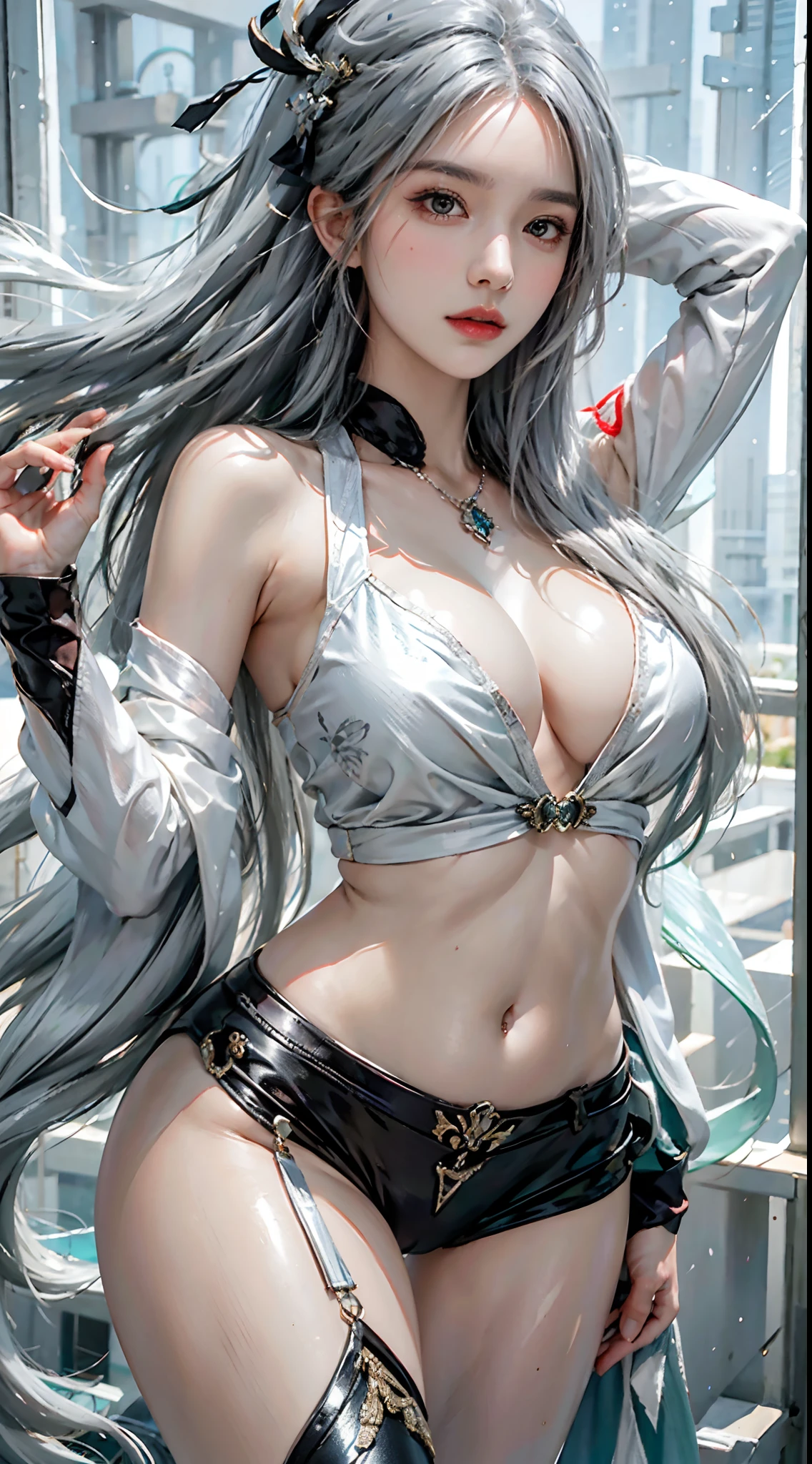 Photorealistic, high resolution, Soft light,1womanl, Solo, Hips up, (Detailed face),tattoo, jewelry, Shiny hair, Long hair,Hair_decorations,Hair_between_Eyes, Long_Hair, (Silver_Hair:1.2),bangs, Genshin Impact, shenhe \(Genshin Impact\), shenhe \(Genshin Impact\), grassy fields, mountains background, shenhe, Character \(Series\)