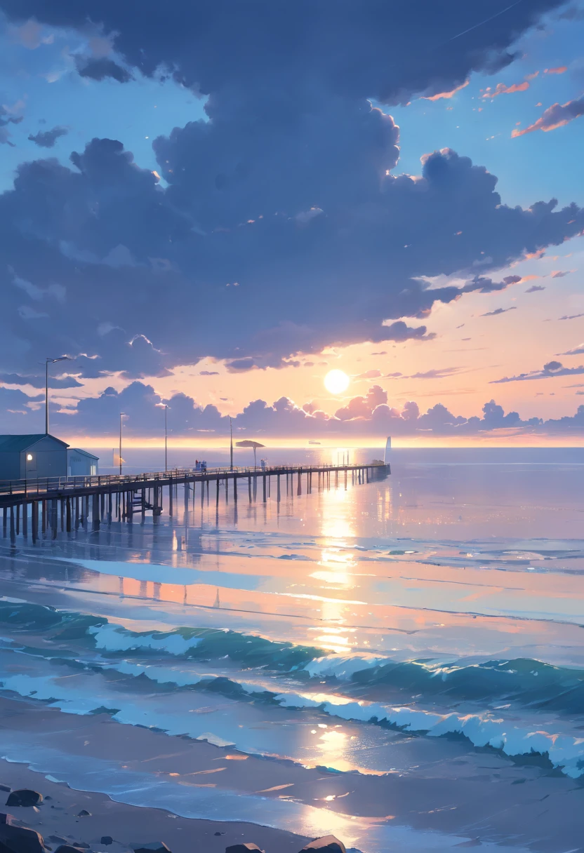 ​masterpiece、top-quality、Movie stills、Mare　Southern　Winters　Background with　　evening　　Calm sea　breakwater　　By the sea　　((greys　cloudiness　云　Ephemeral　murky))