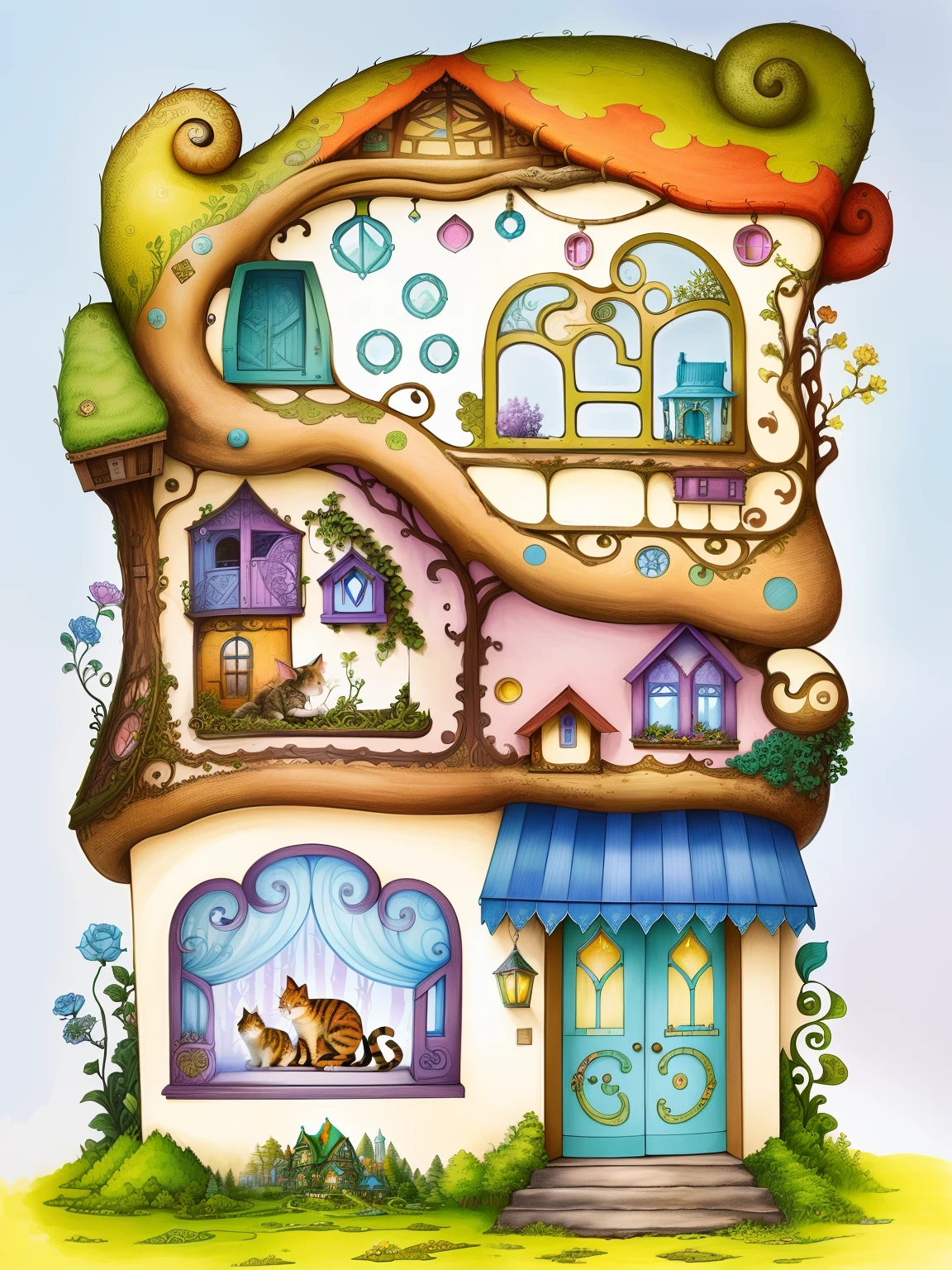 there is a drawing of a house with a cat in front of it, faery palace, colorfull illustration, fairy palace, whimsical forest, illustrated in whimsical style, colored illustration, fantasy house, elves house, colorful illustration, full color drawing, colorful kids book illustration, whimsical art, enchanted forest tower, full color illustration, published art, color page