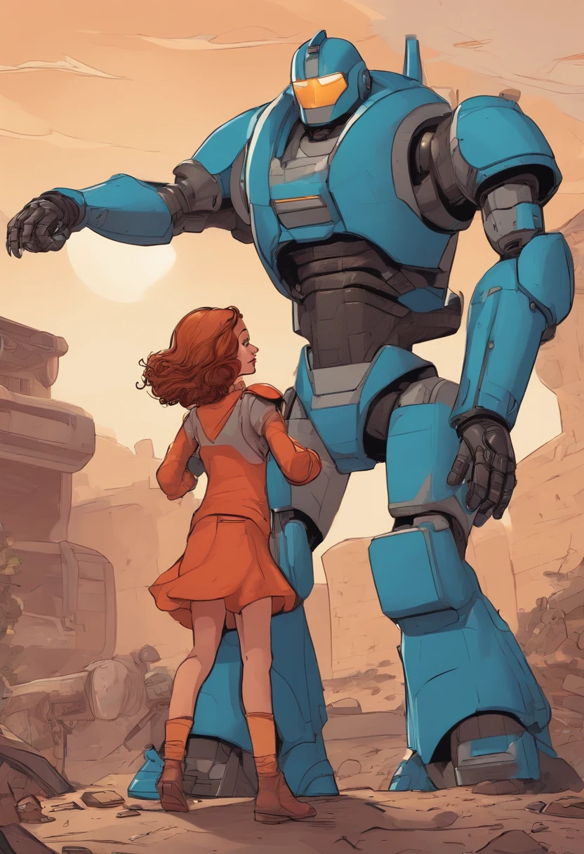 (cartoon super hero mother and daughter together fighting a huge robot,lora:COOLKIDS_V2:1)