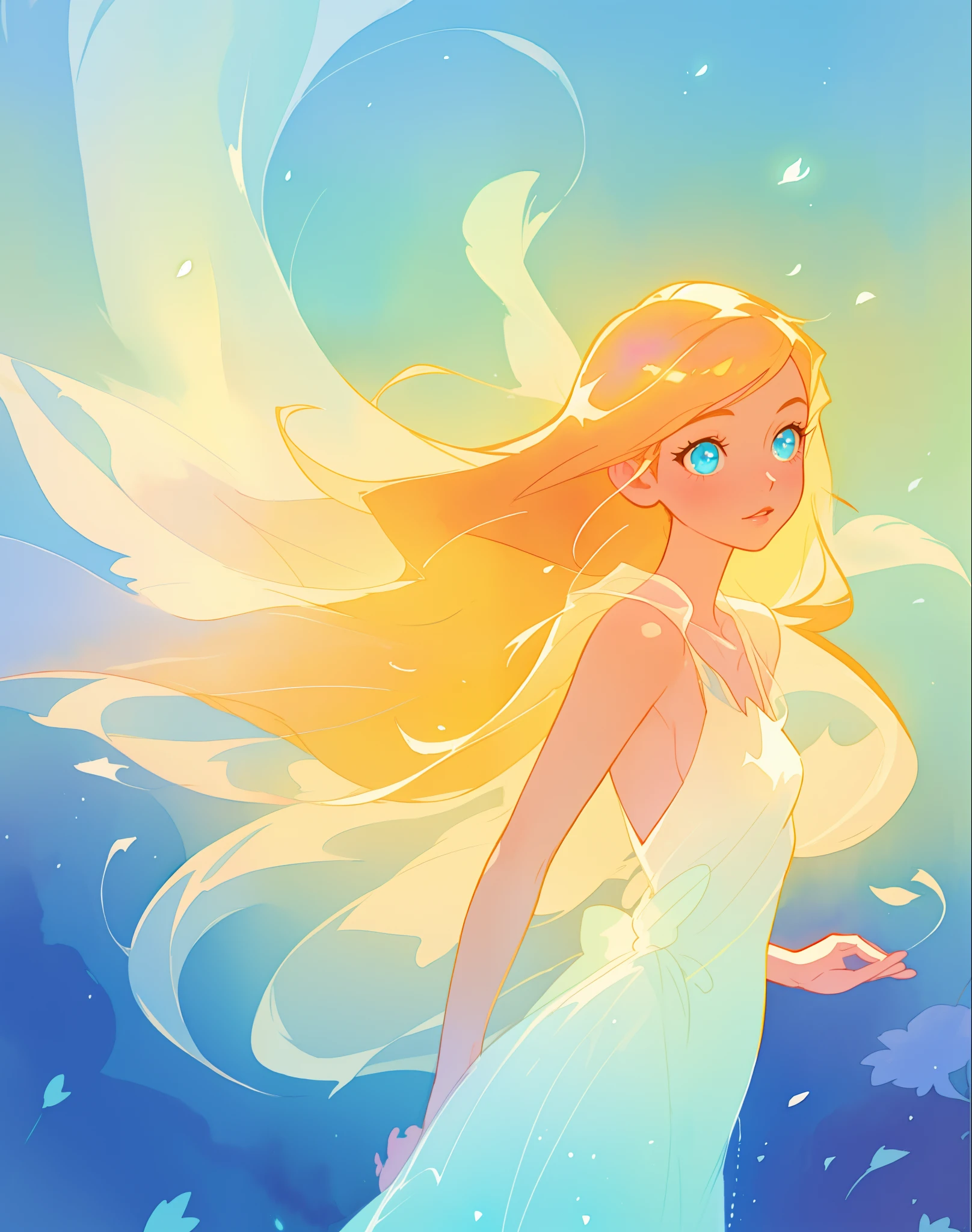beautiful girl in white dress, fairy dress, long golden hair, watercolor illustration, inspired by Glen Keane, inspired by Lois van Baarle, disney art style, by Lois van Baarle, glowing aura around her, by Glen Keane, jen bartel, glowing lights! digital painting, flowing glowing hair, glowing flowing hair, beautiful digital illustration, fantasia otherworldly landscape plants flowers, beautiful, masterpiece, best quality, anime disney style