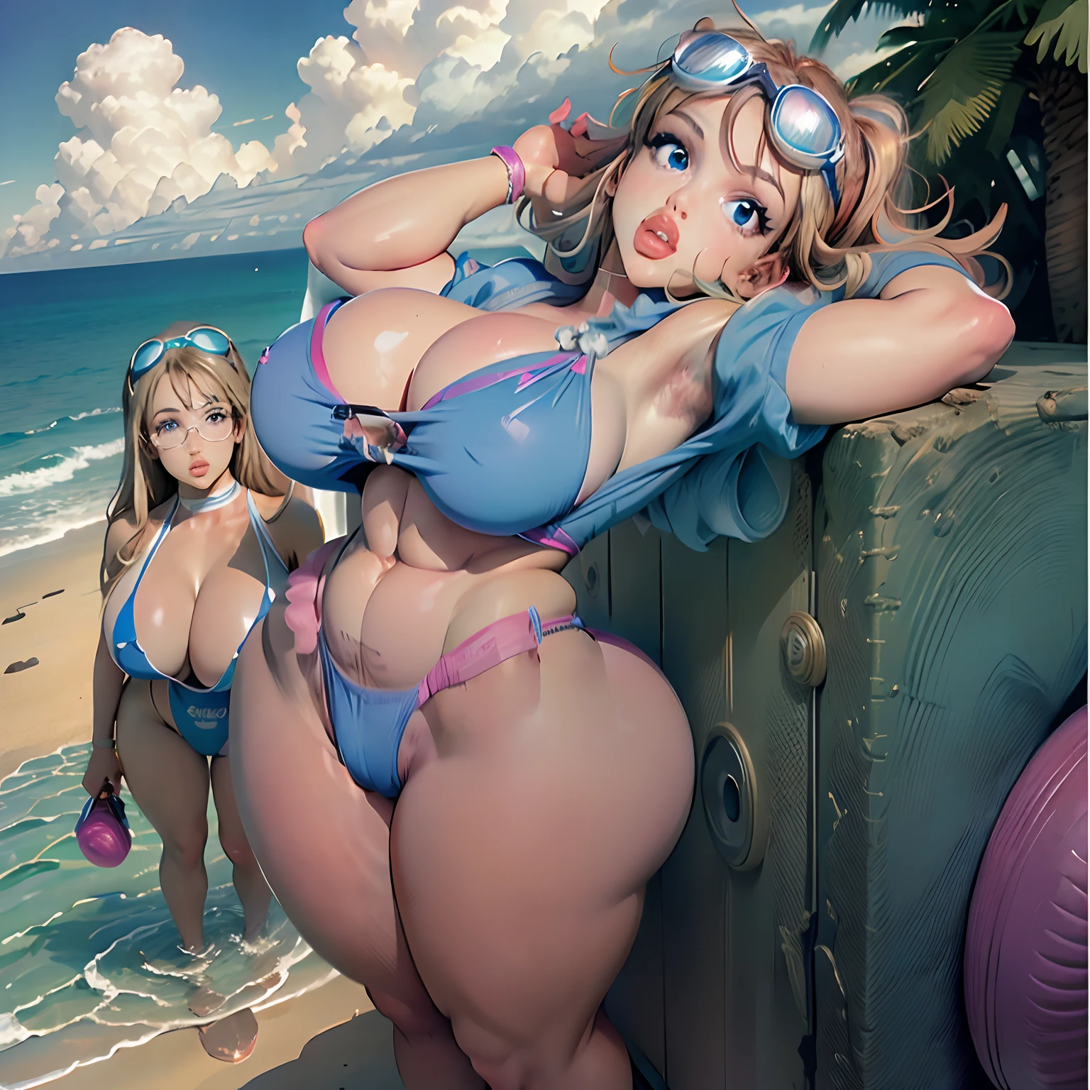 retrato (Solitario (Britney Spears) 1girls beach big big breasts big blue eyes blue hair bubble chest clothes cloud dat truck female dump truck only glasses goggles on head huge big looking at viewer looking back ocean swimsuit sky solo sun sweat swimsuit thick thighs water wide hips