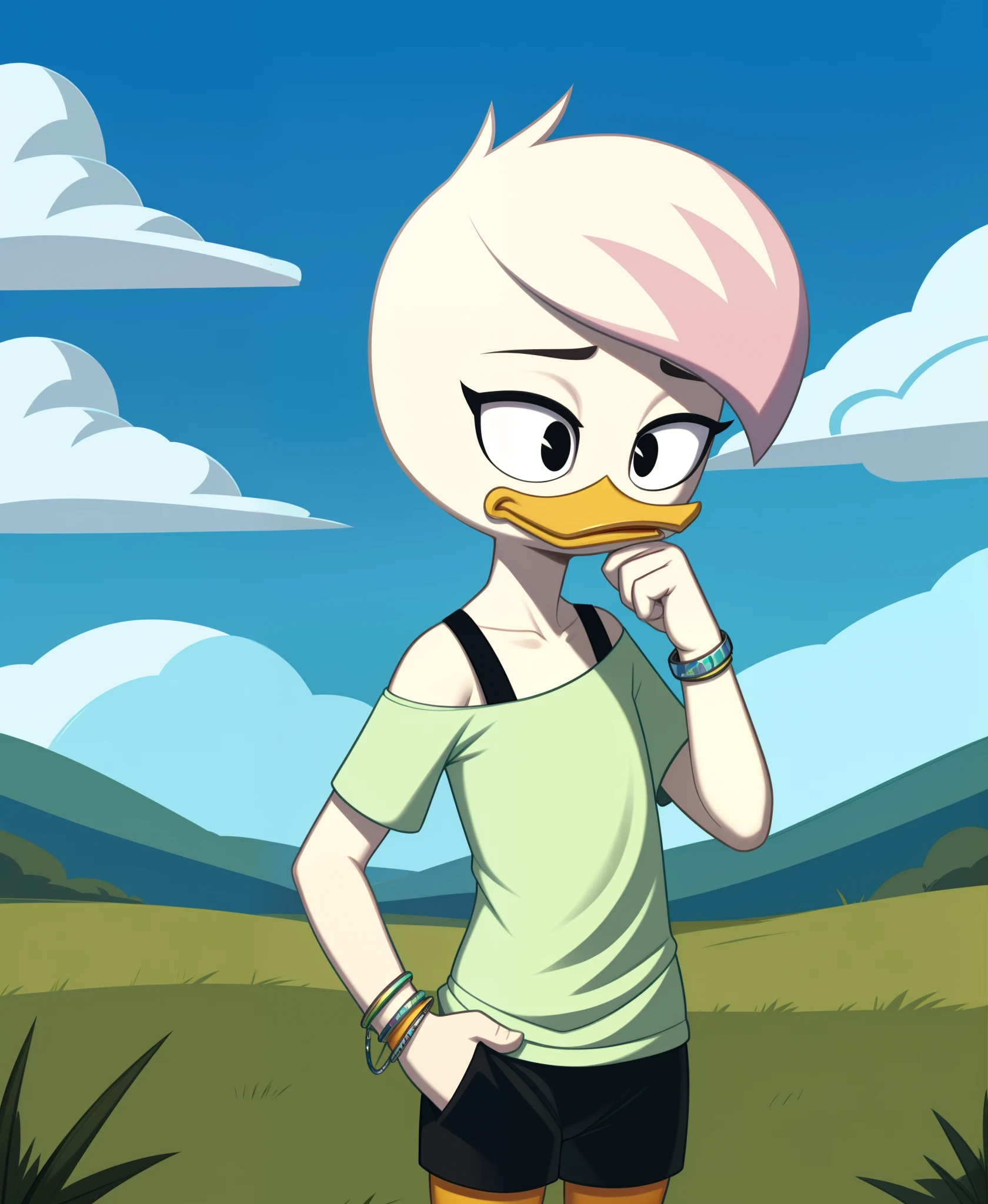 (by drockdraw:1.2) (by chelodoy:1) (by ashraely:1) lena sabrewing, white skin, white hair, pink highlights, light green shirt, bracelet, orange legs:1.2, tired:1.3, black eyes, scut tail, ducktales, eyeliner, beak, short hair, standing, solo:1.2, duck, beak, black shorts, tight shorts, hand on chin, eyeliner, black eyes, bra strap, short hair (outside, cloud, grass:1.2)