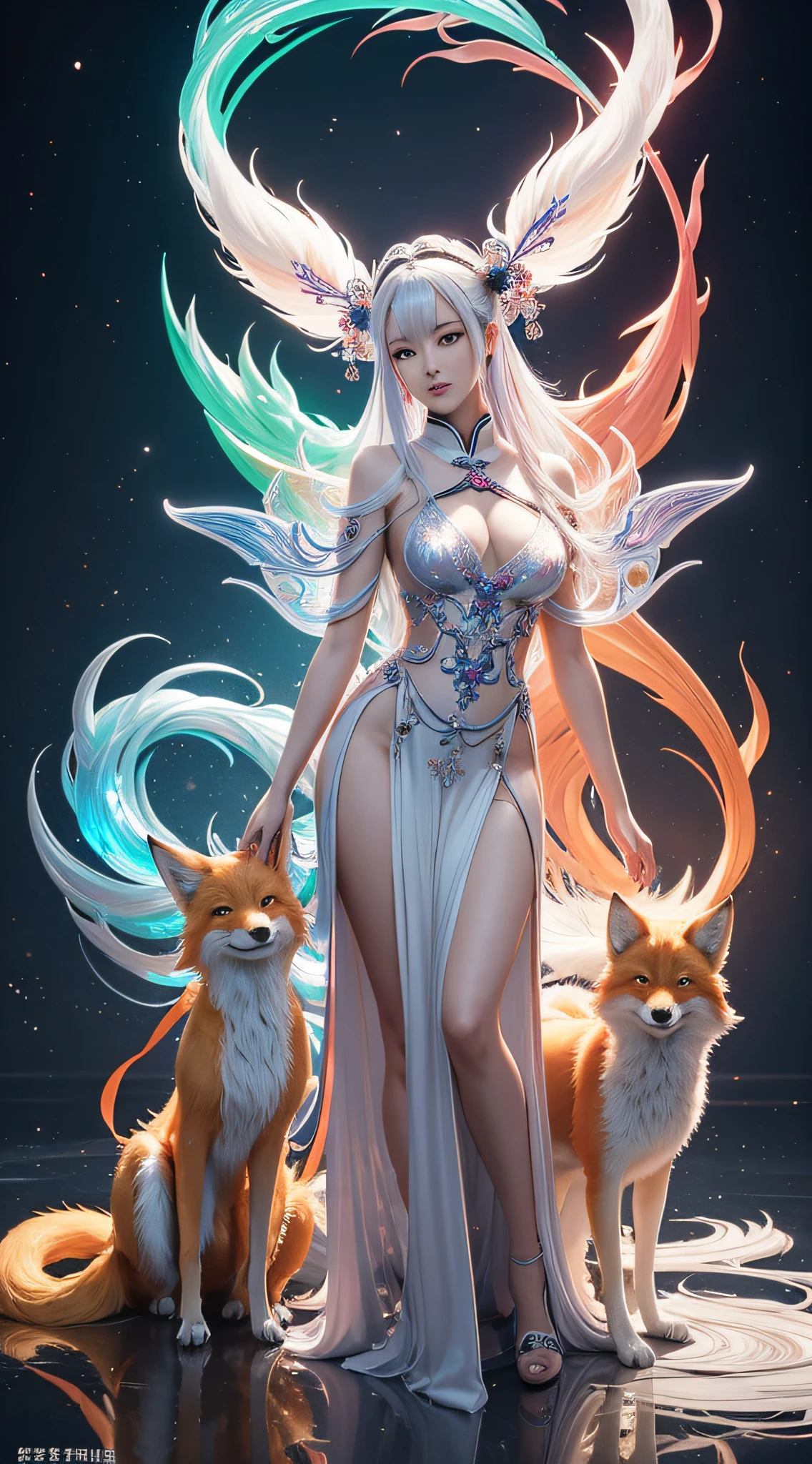 image of a nine-tailed fox and a Chinese classical woman, highlydetailed, reflections transparent iridescent colors, long transparent iridescent RGB hair, artby Serafleur from artstation, thick acrylic,made by jcv jquery, in surreal rendering style, futuristic glamour, wildlife photography, light beige and red, minimalist sculptor, celebrity image mashup, well lit scene lh