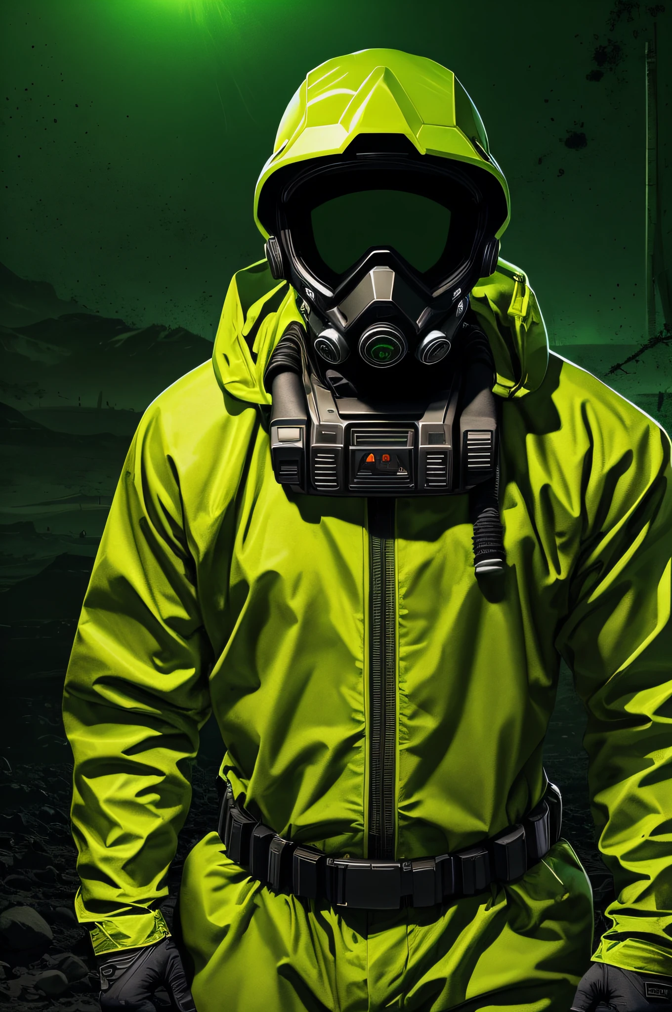 Illustration , a guy with a full biohazard suite with biohazard radiation HAZMAT Suit, in the desert , green background , green color, apocalypse ambiance, Illustration Master, very dark envirnement, shot , complet vision