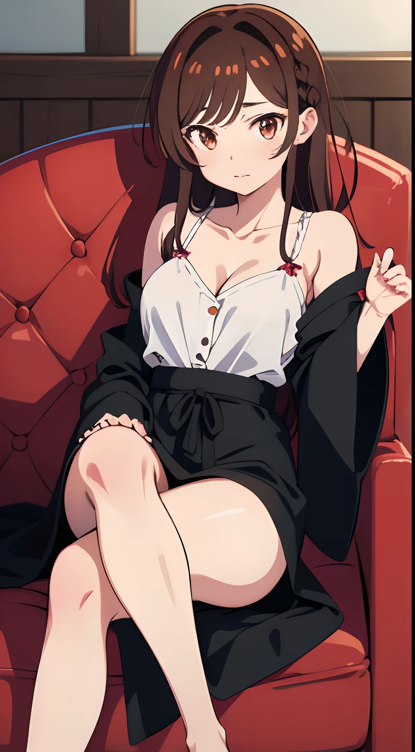 Draw the anime character Chizuru from Rent-a-Girlfriend. Chizuru has waist-length chestnut-brown hair with bangs and light brown eyes. Her hair is mostly let down except for a small braid on the right side of her head. She has fair skin and a slim, well-endowed figure with large breasts. Chizuru is sitting on a sofa with her hands behind her back. Chizuru is wearing a nightware, and bare foot.