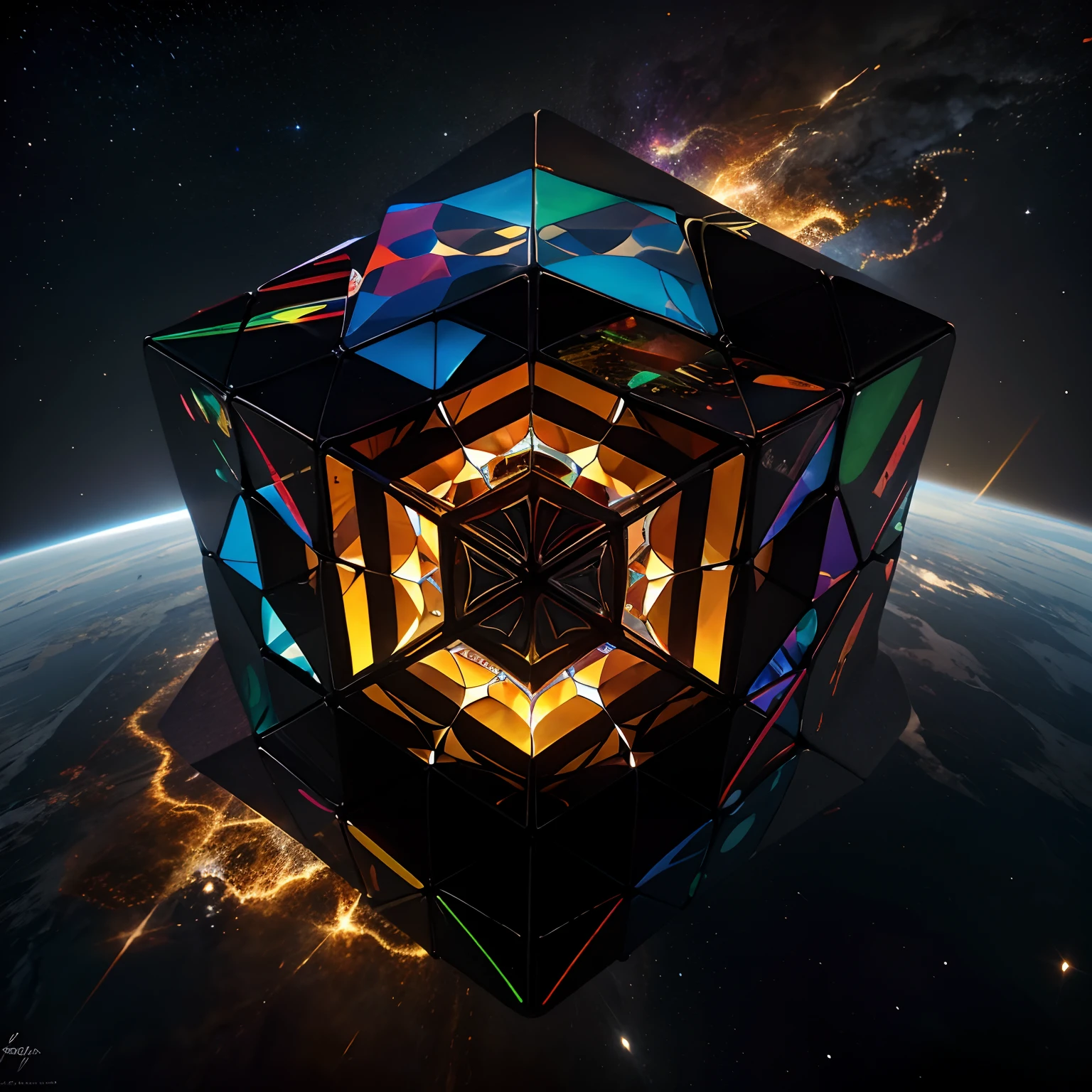 hypercube, multicolored layers, geometric, floating in space, hypercube folding in on itself,, each cube outlined, convex, (fractal)