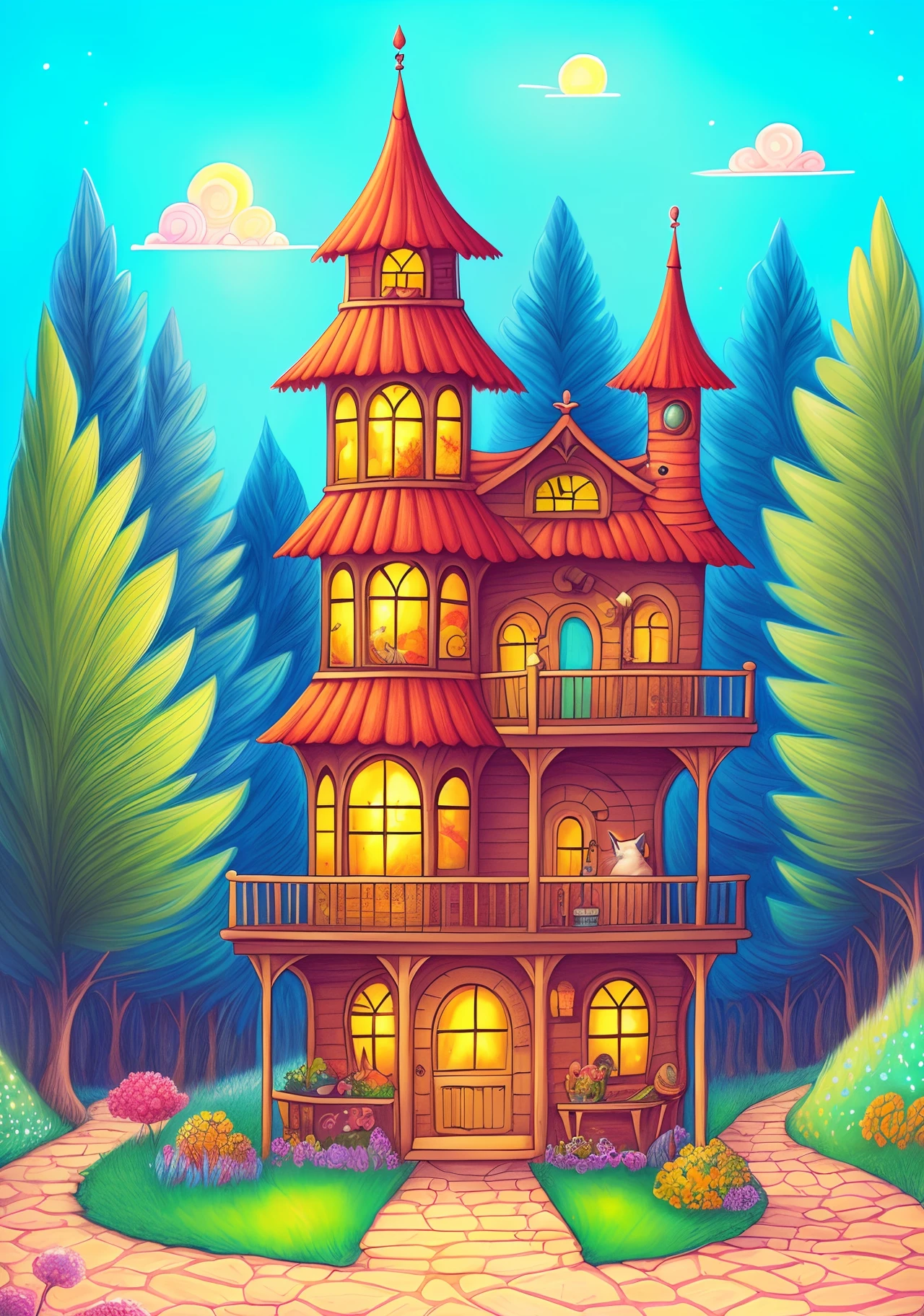 there is a drawing of a house with a cat in front of it, faery palace, colorfull illustration, fairy palace, whimsical forest, illustrated in whimsical style, colored illustration, fantasy house, elves house, colorful illustration, full color drawing, colorful kids book illustration, whimsical art, enchanted forest tower, full color illustration, published art, color page