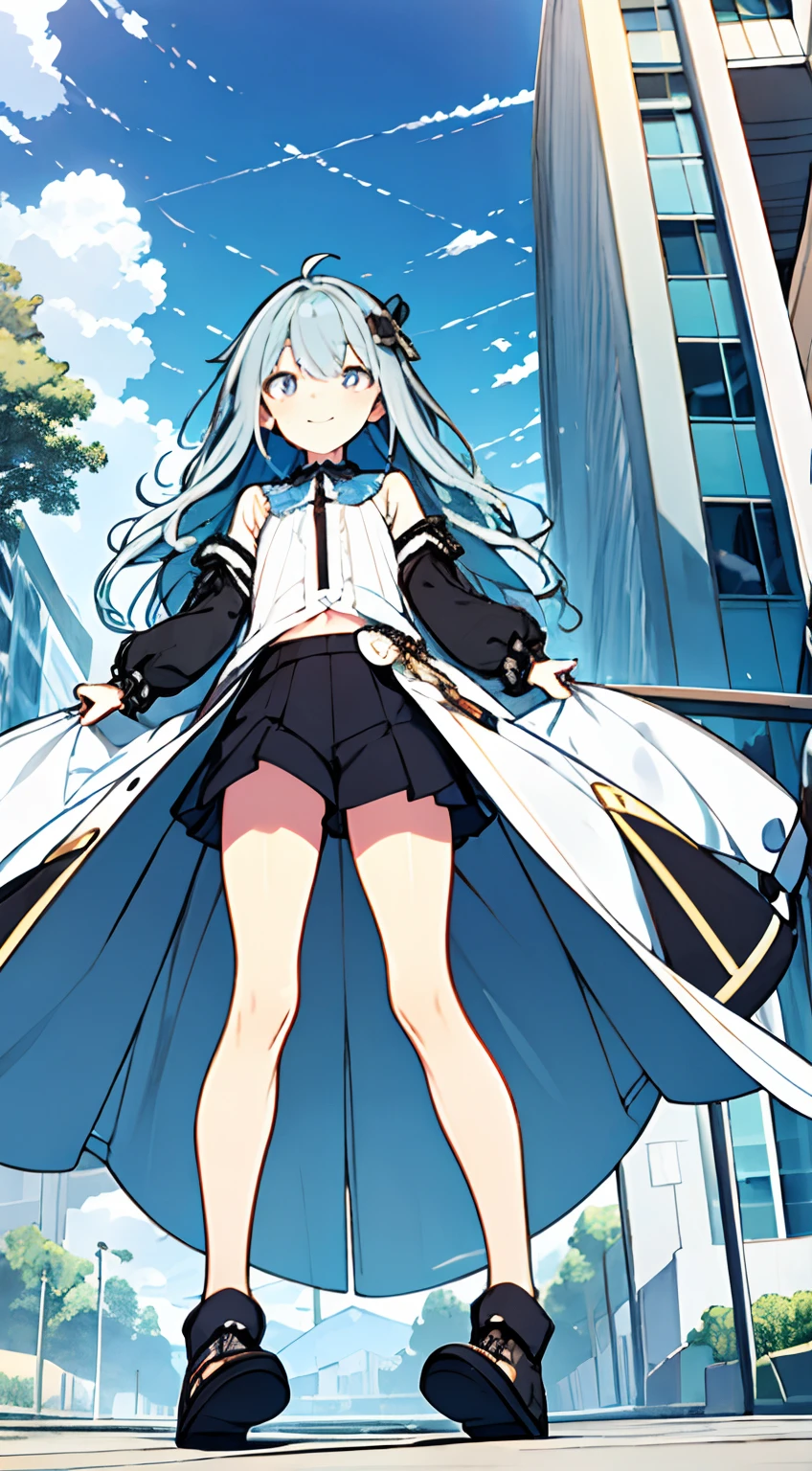 masuter piece, Best Quality,32K、Wallpaper, ultra -detail, Absurd beauty, 1beautiful girl、Big crisp eyes、Hair fluttering in the wind、Slender legs、Smaller head、miscievous smile、Angle looking up from below:1.3、♡♡♡