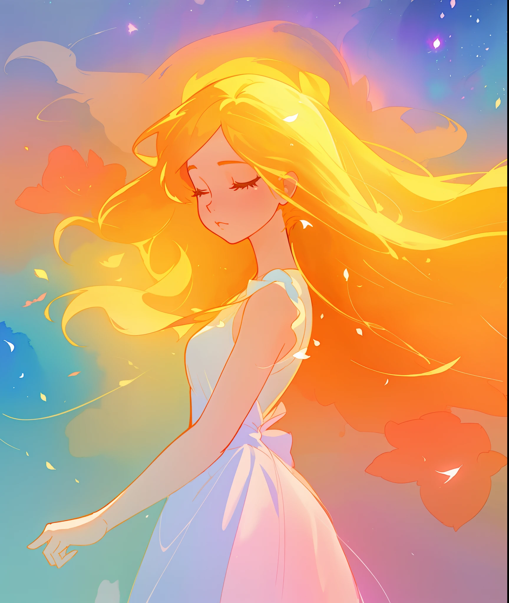 beautiful girl in white dress, fairy dress, long golden hair, watercolor illustration, inspired by Glen Keane, inspired by Lois van Baarle, disney art style, by Lois van Baarle, glowing aura around her, by Glen Keane, jen bartel, glowing lights! digital painting, flowing glowing hair, glowing flowing hair, beautiful digital illustration, fantasia otherworldly landscape plants flowers, beautiful, masterpiece, best quality, anime disney style