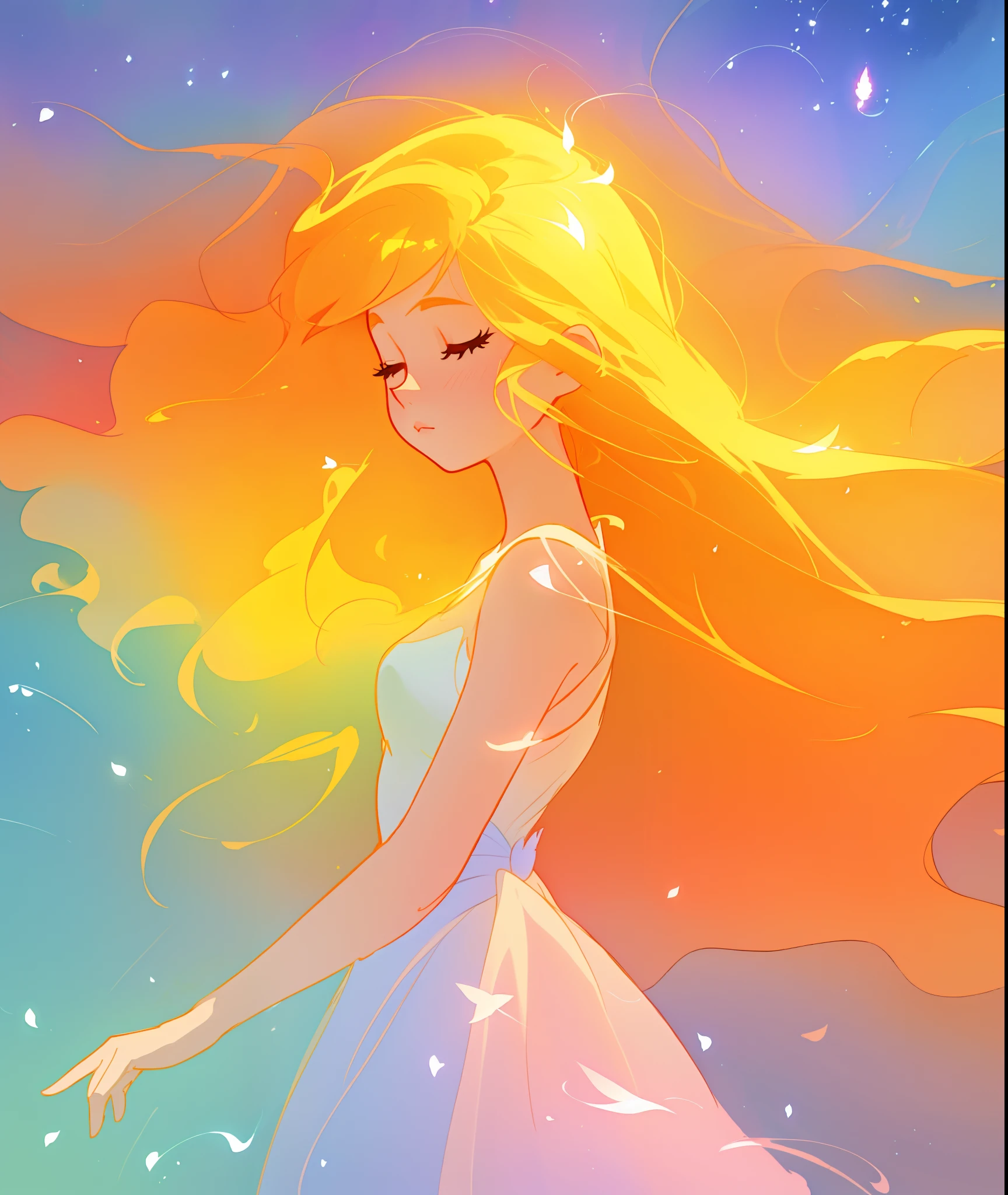 beautiful girl in white dress, fairy dress, long golden hair, watercolor illustration, inspired by Glen Keane, inspired by Lois van Baarle, disney art style, by Lois van Baarle, glowing aura around her, by Glen Keane, jen bartel, glowing lights! digital painting, flowing glowing hair, glowing flowing hair, beautiful digital illustration, fantasia otherworldly landscape plants flowers, beautiful, masterpiece, best quality, anime disney style