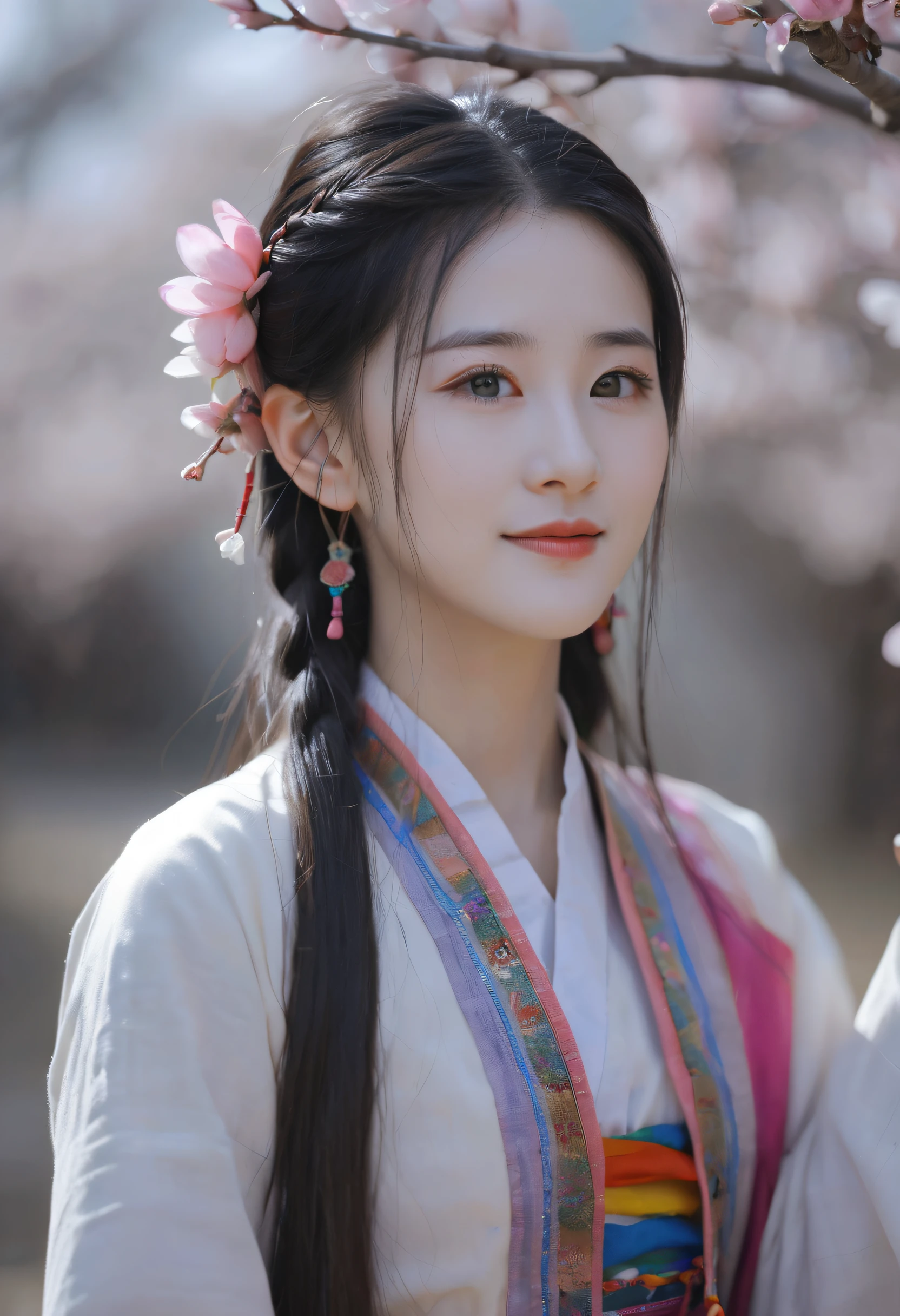 Girl, traditional Oriental girl, beautiful eyes, wearing two rainbow bright long hair braids, wearing traditional Tibetan clothes, side face half photo, head down silent tears, colorful clear eyes, Oriental beauty face, gentle, beautiful, beautiful, smile, peach blossom background, holding a longitude wheel