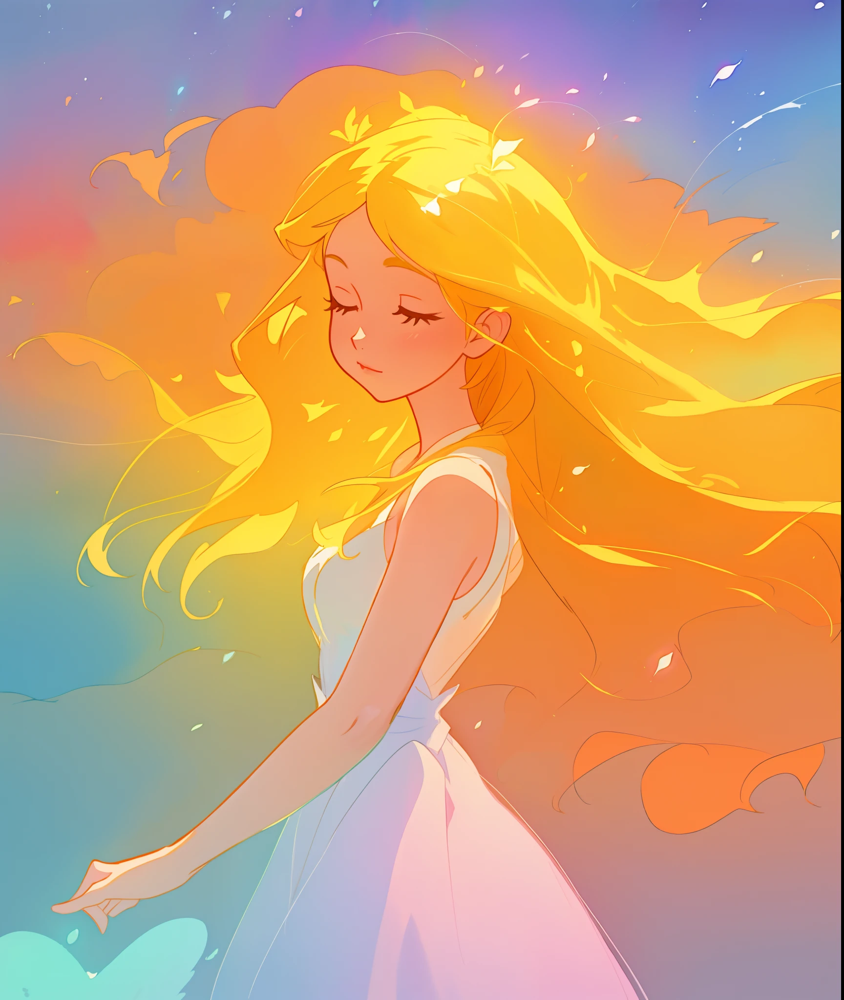 beautiful girl in white dress, fairy dress, long golden hair, watercolor illustration, inspired by Glen Keane, inspired by Lois van Baarle, disney art style, by Lois van Baarle, glowing aura around her, by Glen Keane, jen bartel, glowing lights! digital painting, flowing glowing hair, glowing flowing hair, beautiful digital illustration, fantasia otherworldly landscape plants flowers, beautiful, masterpiece, best quality, anime disney style