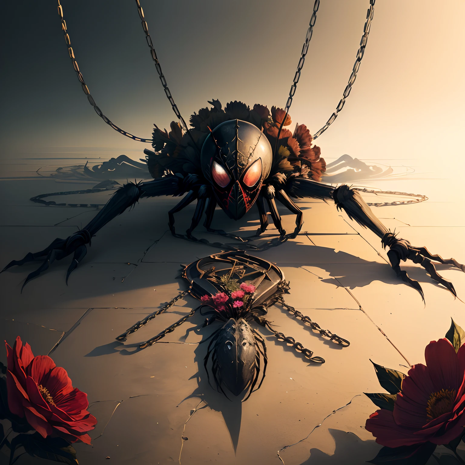 dead flowers, spiders, chains
