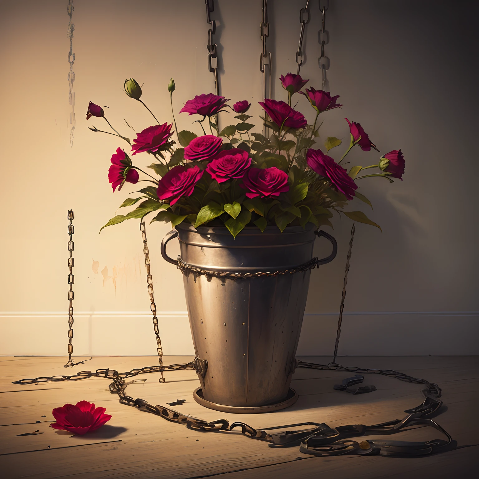 dead flowers, spiders, chains