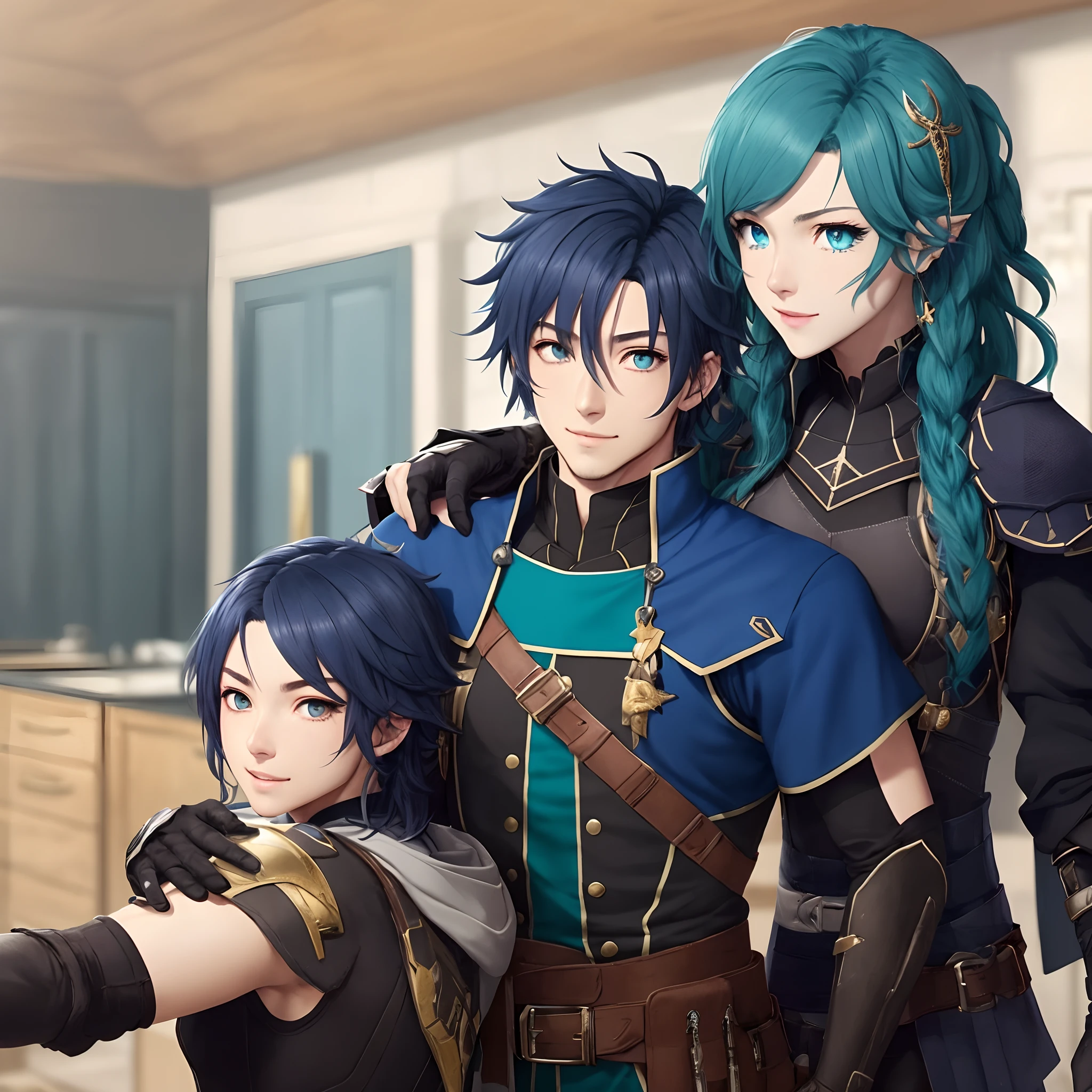 Male Byleth from Fire Emblem Three Houses wears base shirt, a waistband, a coat, a pair of gloves, two armguards, a kneecap and two elbow guards.Male Byleth is a main playable character in Fire Emblem He has blue eyes and teal blue hair and he’s Next to a woman with black long hair and she has brown eyes and she is wearing a Fire Emblem Three Houses Academy Uniform as she leans on him. Style of Fire Emblem Three Houses