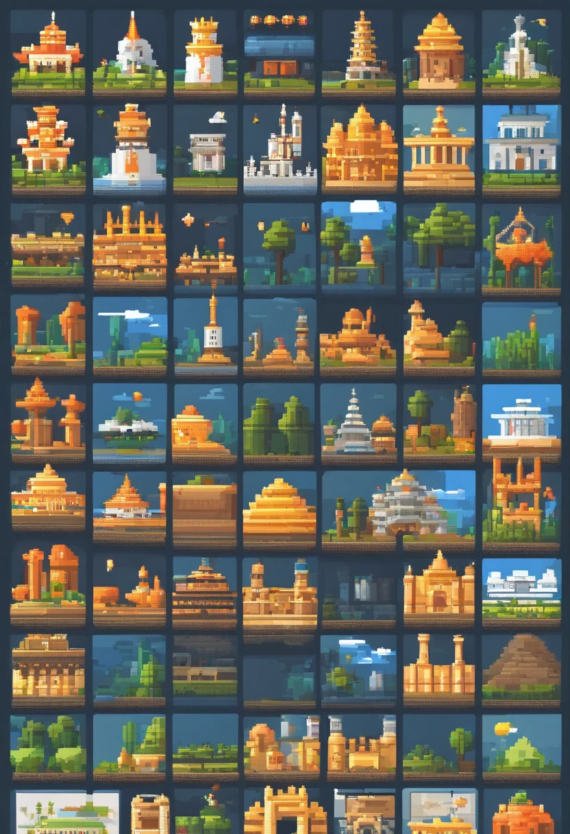 a set of travel and landmarks icons including the world's landmarks, pixel art by Joe Bowler, trending on behance, international typographic style, castles and temple details, japan travel and tourism, detailed buildings, european japanese buildings, all buildings on bridge, many buildings, 3 0, european buildings, lots of buildings, cities, tourist destination, flat illustration