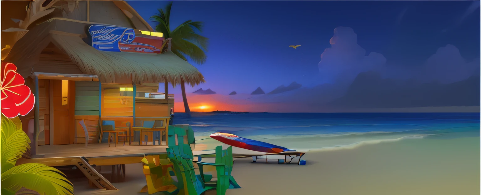 There is a painting of a beach hut with surfboards on the beach, background artwork, Island background, 2 D game art background, beach sunset background, beach bar, Beach background, Mobile game background, Background bar, game background, arte de fundo, seaside backgroud, stylized background, 2d game background, Detailed background, breezy background, Beautiful background