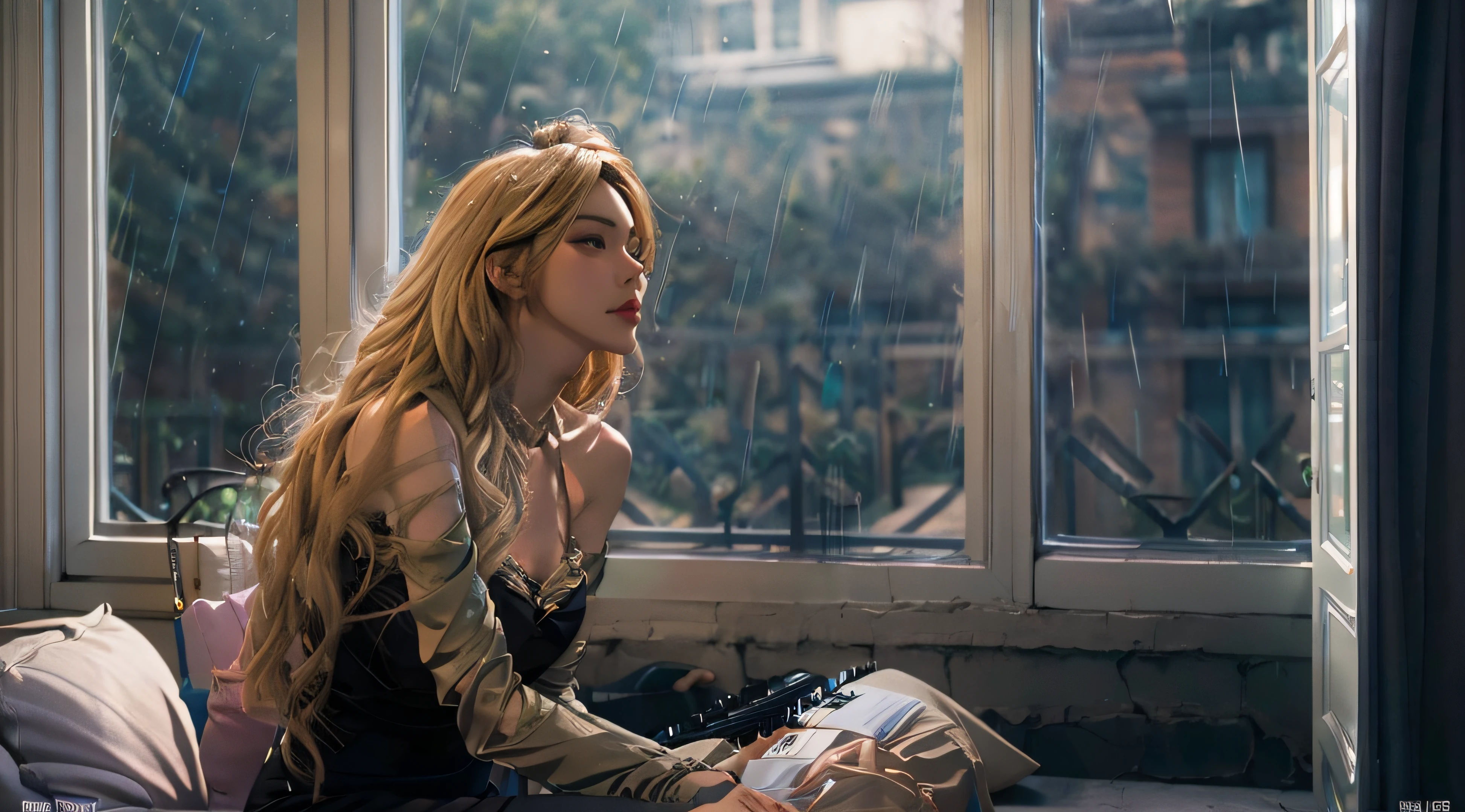 4k highly detailed, Realistic digital extremely high quality RAW photos,large french window,Large modern style living room,It was raining outside the window,Buildings,Black piano,Long curly blonde hair,Black mermaid dress,, Epic, Hyperrealistic, hyper photorealism, 8K, Cinematic lighting ,hyper HD,Delicate facial features,Fair skin