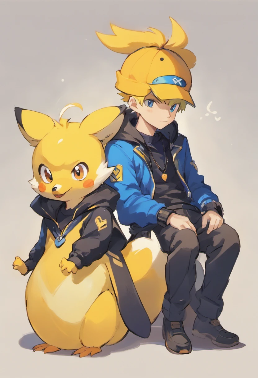Male Humanoid Yellow duck with dark blue beanie on sitting next to male humanoid fox with black jacket and pilot hat on