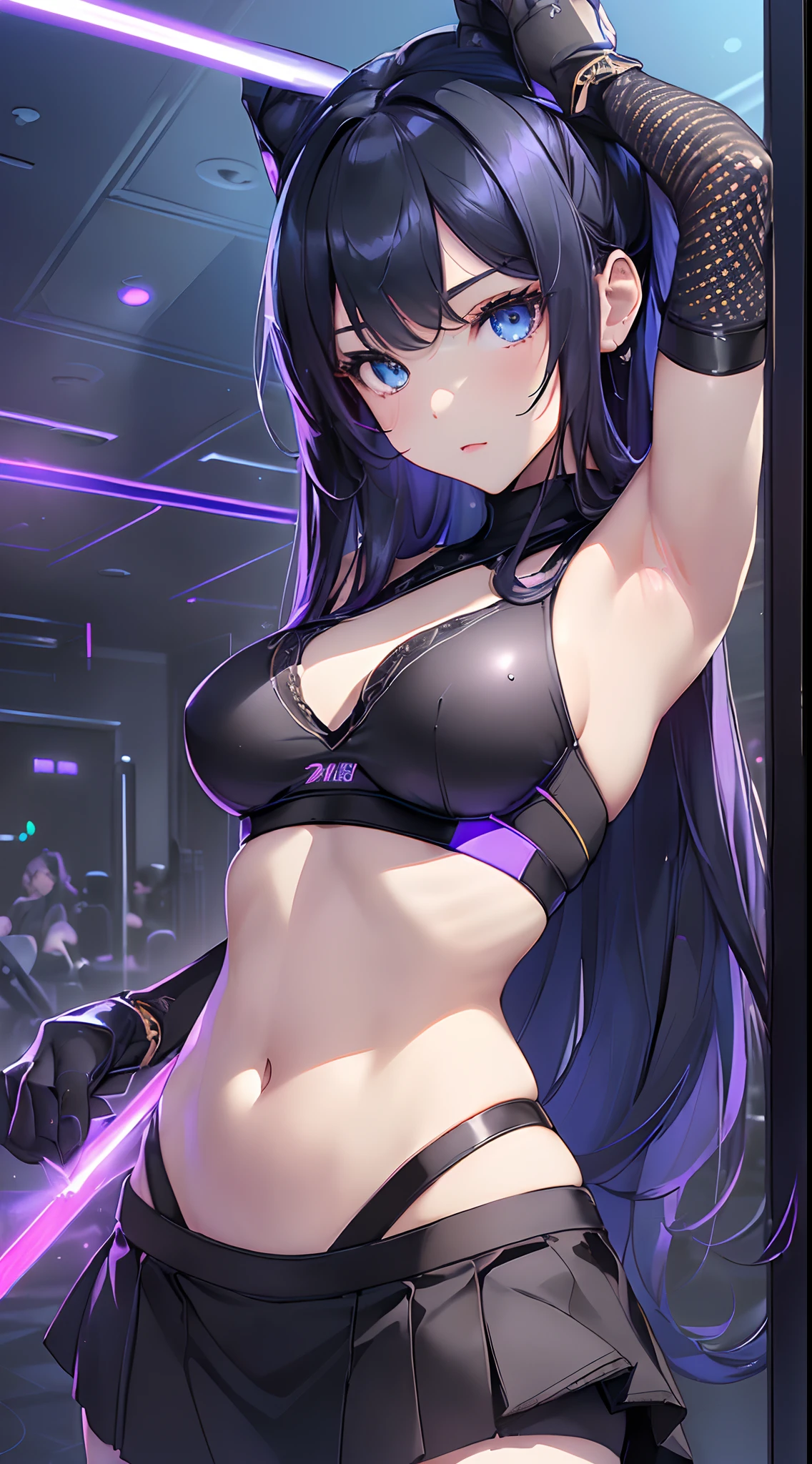 top-quality、Top image quality、masterpiece、girl with((cute little、20yr old、Best Bust、Medium bust、Bust 85,Beautiful blue eyes、Breasts wide open,Long Black Hair、A slender、Middle knot、Black Sports Bra、Blue long trousers、White sheer short skirt,Reflecting the whole body、Black perforated gloves))hiquality、Beautiful Art、Background with((clubhouse、Blue lighting、Multiple purple laser points、fitness club、natta)),masutepiece、Elaborate design、visualart、depth of fields、The best lighting、highestdetailed、8k