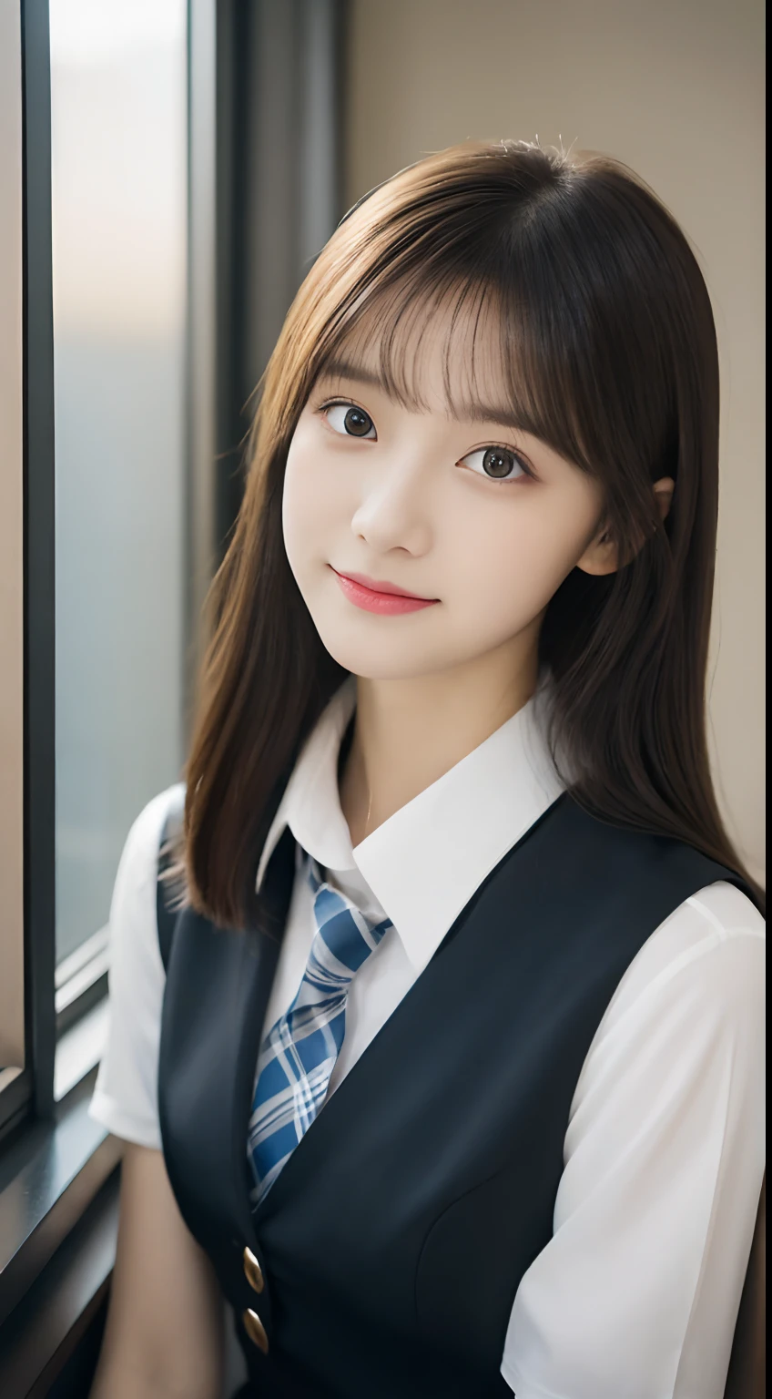 tmasterpiece，top-quality，offcial art，Highly detailed CG Unity 8K wallpapers，female high-school student，Very delicate beautiful，超A high resolution，（realisticlying：1.4），Golden Hour Lighting，（full body Esbian），in class room，（Platinum Shorthair：0.8），（Pretty eyes），looking at viewert，facing front，Twin-tailed hair, ssmile，JK Skirt（Plaid），Petite bust，high-school uniform，neck tie， tmasterpiece， best qualtiy， RAW photogr， realisticlying， faces， incredibly absurd res， depth of fields， hight resolution， ultra - detailed， finedetail， Very detailed， extremely detailed eye and face， Sharp pupils， pupil realistic， tack sharp focus， cinmatic lighting, Idol style、Super Cute:1.2、A dark-haired、bangss、