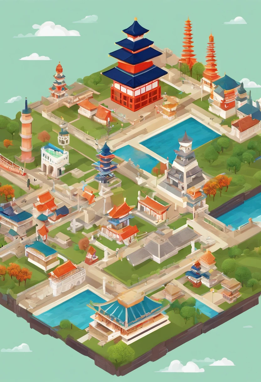 a set of travel and landmarks icons including the world's landmarks, castles and temple details, japan travel and tourism, detailed buildings, european japanese buildings, all buildings on bridge, many buildings, 3 0, european buildings, lots of buildings, cities, tourist destination, flat illustration, detailed scenery —width 672, soaring towers and bridges, minimalist cartoon style, monumental structures