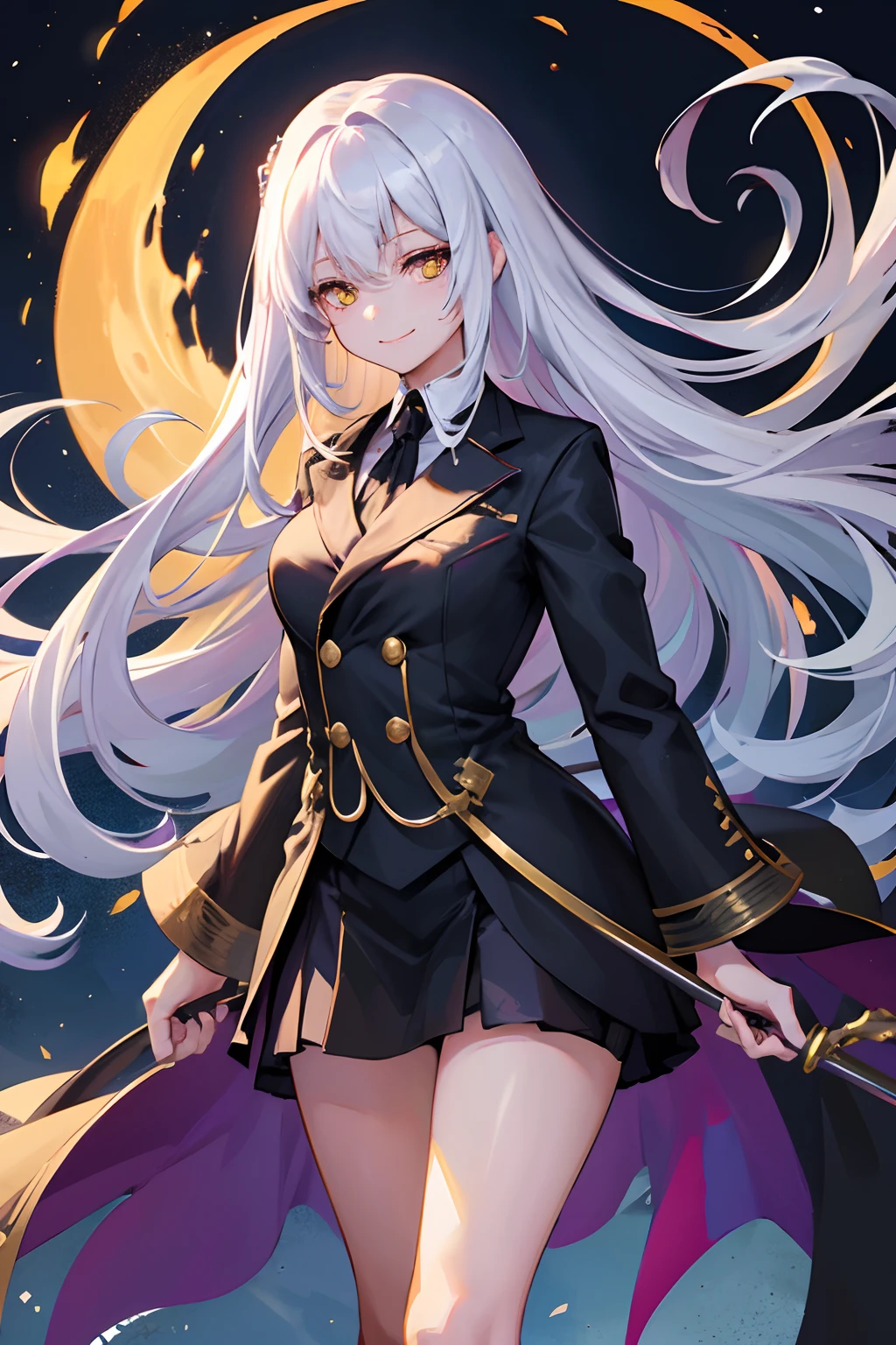 very long hair, golden hair, jacket, Black_jacket, red_eyes, bangs, school_uniform, straight hair, blunt_bangs, looking down at the viewer, big, full body, crazy eyes, insane, wide open eyes, glowing eyes, shiny lips, blush, satisfactory look, sexually aroused, obsessive look, crazy look, hands from the frame, adult, , blonde ((girl in a suit)), ((gorgeous starry sky background)), ((super definition)), ((best illustration)), (shine: 1.2), (shine: 1.2), (best quality), (masterpiece: 1.2), (anime style), (solo), beautiful detail face, (long hair: 1.2), (floating hair: 1.2), (suit), detailed costume, (magic effect: 1.3), (transparent fabric: 1.1), (glitter : 1.2), (glow: 1.2), (glow: 1.2), (flicker: 1.2) , (dazzle: 1.2), big, big breasts, full body, black miniskirt, evil smile, slightly open mouth mouth, blush, excited face, bewitching expression, estrus