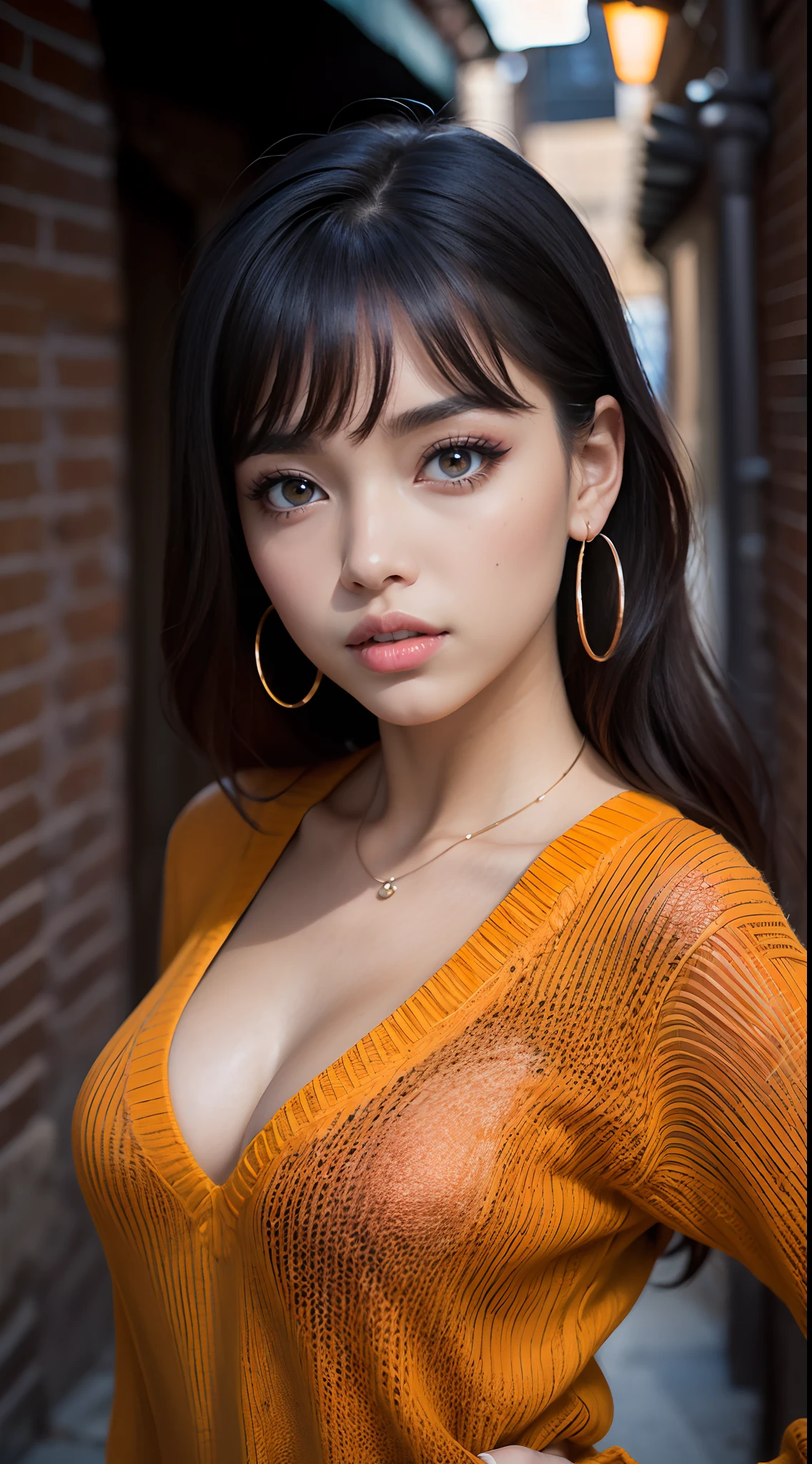 Hermosa Jennie blackpink, mejor calidad，tmasterpiece，ultimate resolution，Suave，extremadamente colorido，De color，Princesa sirena，(Vilma Dinkley de Scooby-Doo:1.4)，Medias de tirantes negras，Starrysky Android!,More detailed 8K.motor irreal:1.4,UHD,La mejor calidad:1.4, fotorrealista:1.4, textura de la piel:1.4, obra maestra:1.8,obra-prima, mejor calidad,objeto Objeto], (detailed face features:1.3),(City of Dark Alley:1.4),(cabello cafe corto:1.4),（Beautiful and detailed eye description）,(manos:1.4), (vestuario de Vilma Dinkley:1.4),(Serie Scooby-Doo),(minifalda roja colegiala:1.4), (orange sweater:1.4),(Jennie Blackpink:1.4)