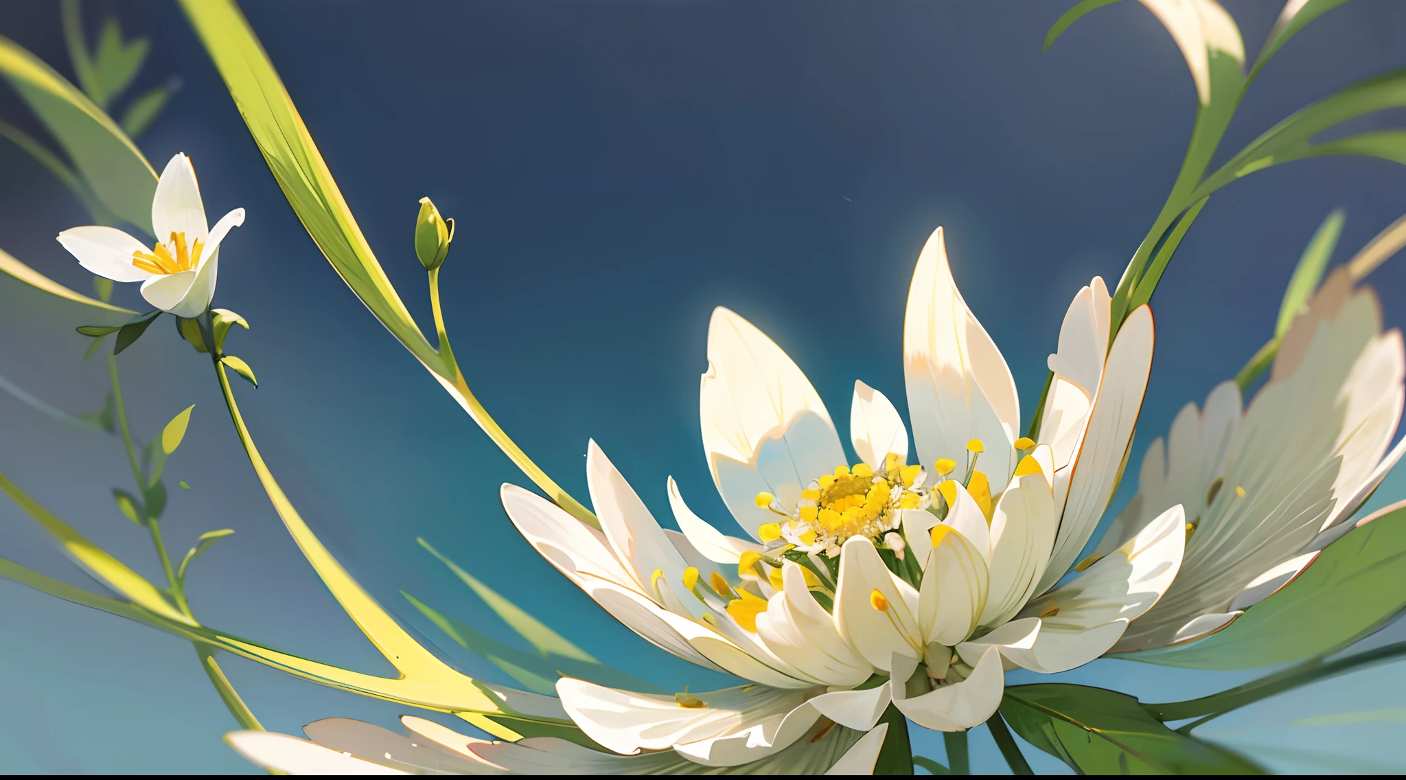 Close-up of chamomile,High-precision image quality,A beautifully detailed white background shows a drawing of chamomile。Chamomile blooms to us in the picture,Grab every corner of the human eye。The details of the petals are exquisite and gorgeous,The exotic ear presents a sense of mystery,Luminous details make the flowers look more delicate。Enhance the details of the expression of the stem and flowers of the cosmic lily,Make the picture more perfect