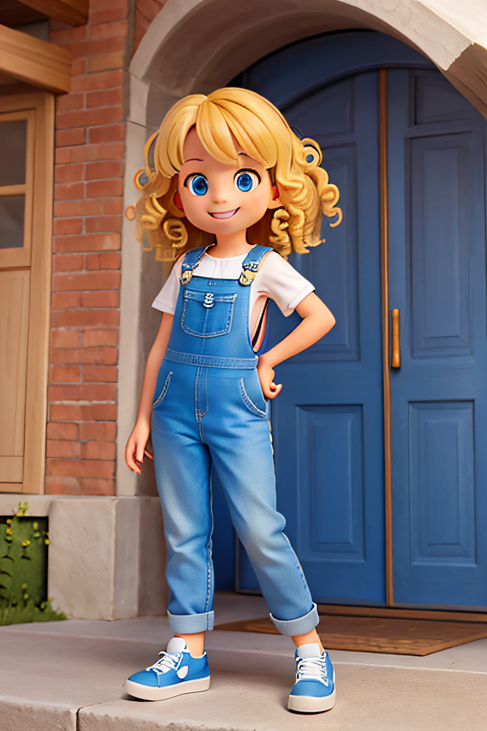 smiling 8  girl with curly blonde hair she is wearing blue overalls and blue sneakers