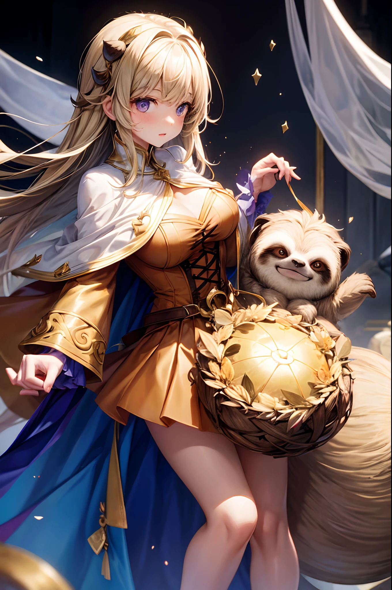 combine the physical attributes of a sloth with that of a girl with large breast, dressed in a super outfit and cape,