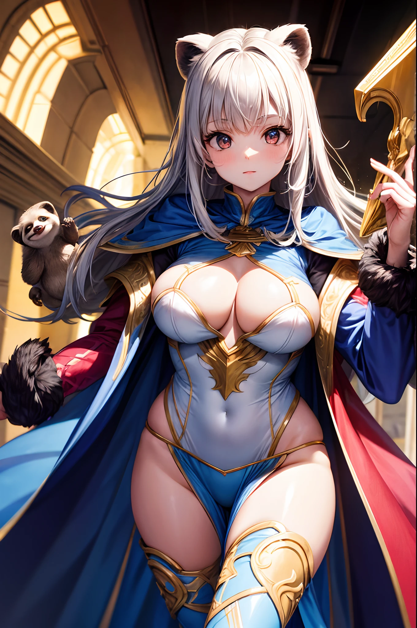 combine the physical attributes of a sloth with that of a girl with large breast, dressed in a super outfit and cape,