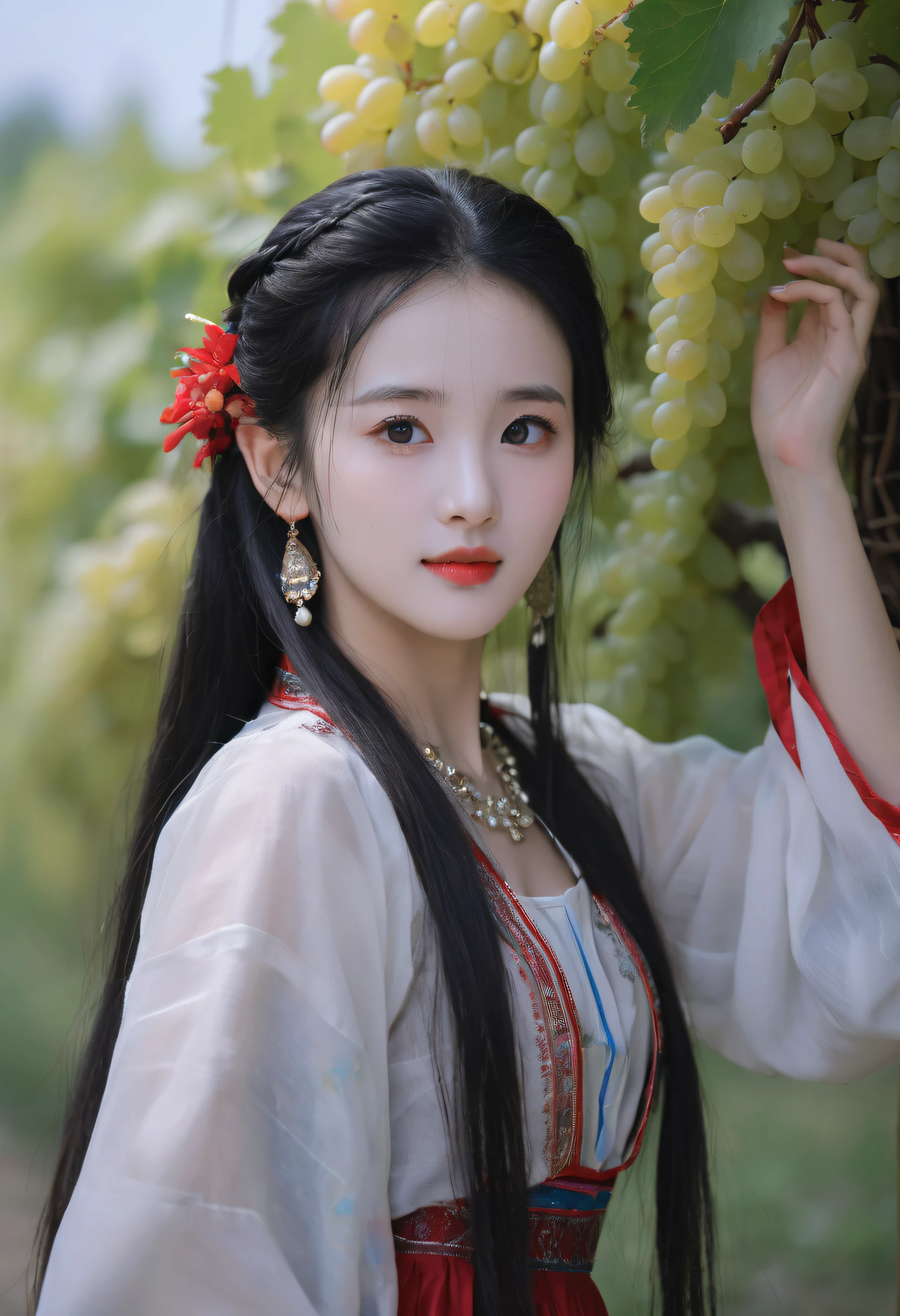 In the beautiful Turufan, under the grape trellery, a young girl, about 20 years old, lovely, sweet, exotic, black long hair, smooth and glossy, with two large braids, big eyes, blue eyes, curling long eyelashes, lying silkworm, blush, red lips, collarbone, wearing beautiful yellow Uyghur clothes, Under the grape shelf happily dancing Xinjiang dance, the breeze touched the face, blowing the skirt