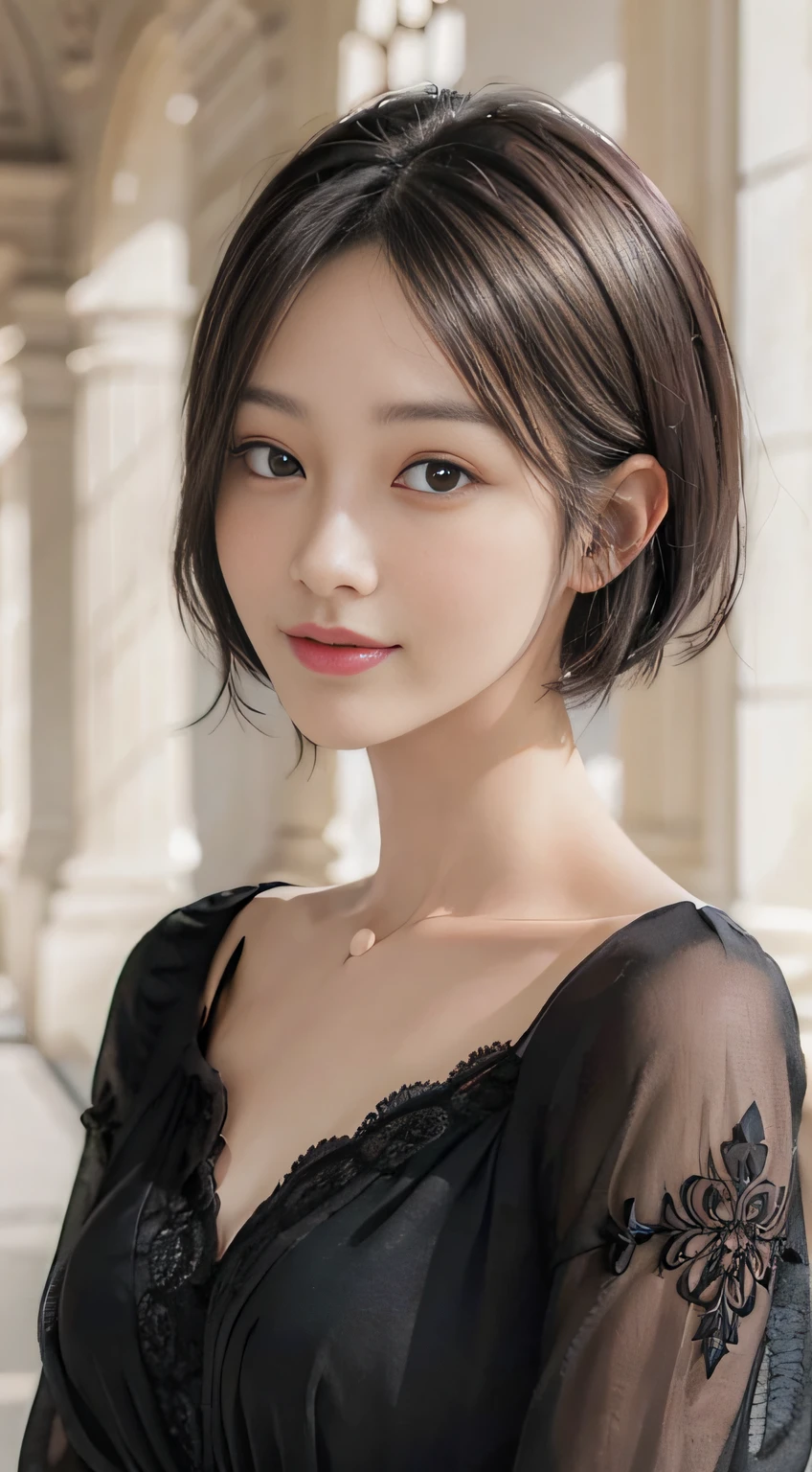 (((Black Shorthair))), (Louvre Museum), Pose Seductive, (A hyper-realistic), (Illustration), (Increased resolution), (8KUHD), (Extremely detailed), (Best Illustration), (Beautiful and detailed eyes), (Best Quality), (ultra-detailliert), (masutepiece ), ( Wallpaper), (Detailed face), Solo, 1人の女性, Fine details, Detailed face, Deep Shadows, lowkey, pureerosfaceace_v1, Smiling, 46 point slanted bangs