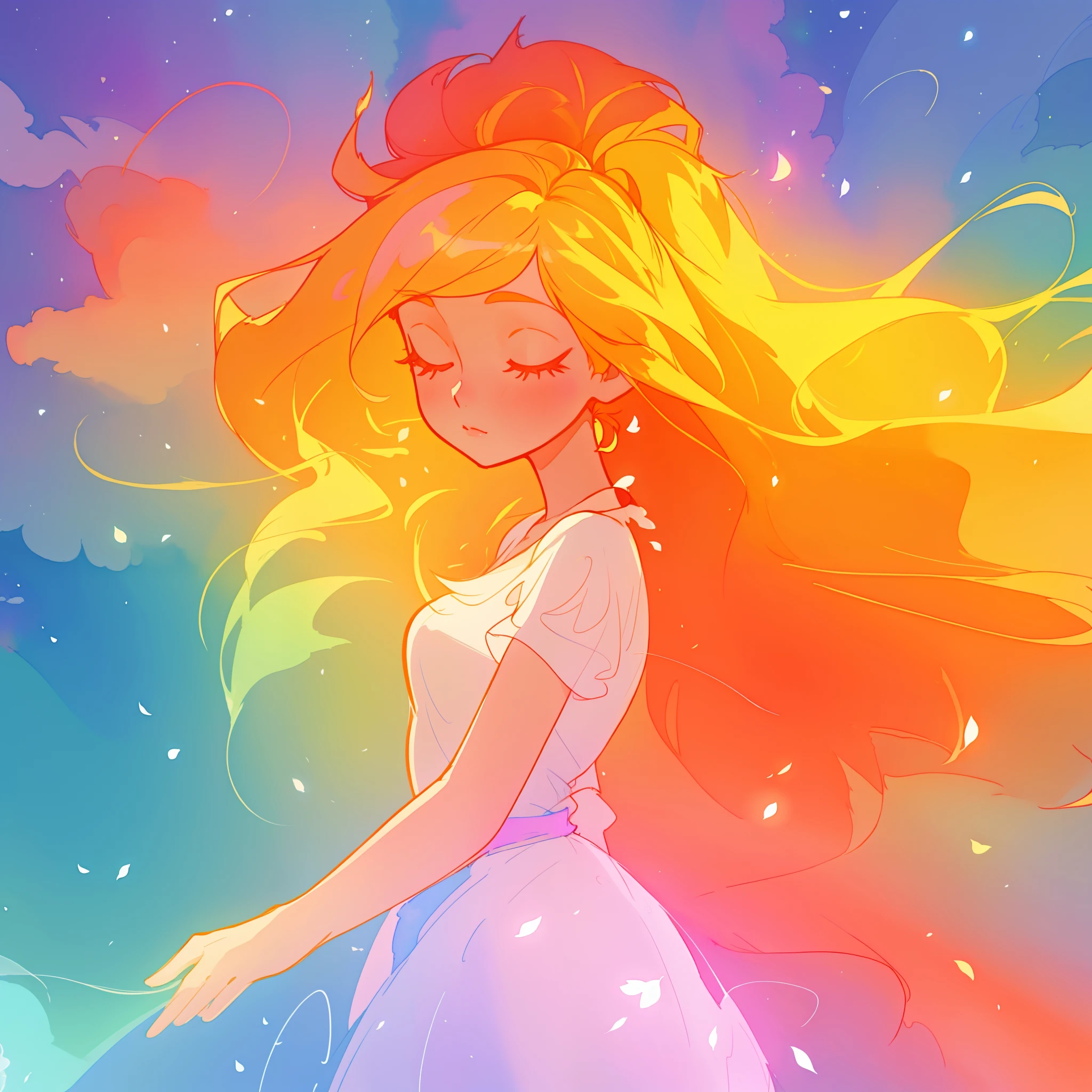 beautiful girl in white dress, fairy dress, long golden colorful hair, watercolor illustration, inspired by Glen Keane, inspired by Lois van Baarle, disney art style, by Lois van Baarle, glowing aura around her, by Glen Keane, jen bartel, glowing lights! digital painting, flowing glowing hair, glowing flowing hair, beautiful digital illustration, fantasia otherworldly landscape plants flowers, beautiful, masterpiece, best quality, anime disney style