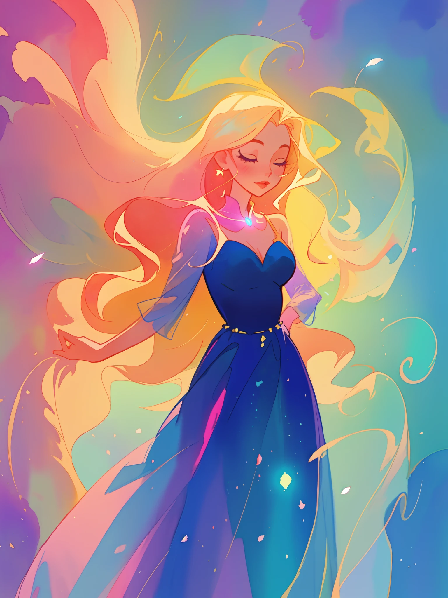 beautiful girl in flowing colorful ballgown, fairy dress, long golden hair, colorful watercolor background, inspired by Glen Keane, inspired by Lois van Baarle, disney art style, by Lois van Baarle, glowing aura around her, by Glen Keane, jen bartel, glowing lights! digital painting, flowing glowing hair, glowing flowing hair, beautiful digital illustration, fantasia otherworldly landscape plants flowers, beautiful, masterpiece, best quality, anime disney style
