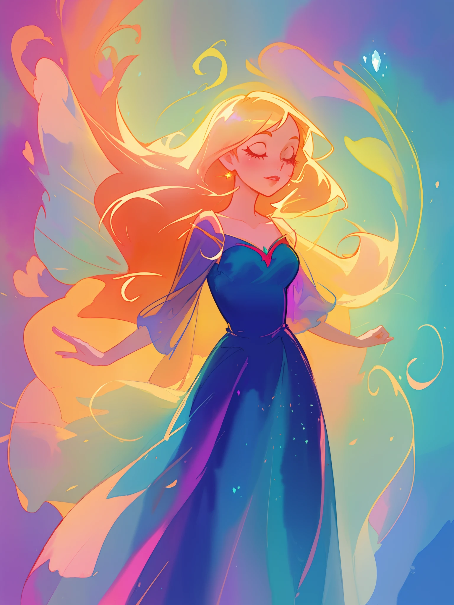 beautiful girl in flowing colorful ballgown, fairy dress, long golden hair, colorful watercolor background, inspired by Glen Keane, inspired by Lois van Baarle, disney art style, by Lois van Baarle, glowing aura around her, by Glen Keane, jen bartel, glowing lights! digital painting, flowing glowing hair, glowing flowing hair, beautiful digital illustration, fantasia otherworldly landscape plants flowers, beautiful, masterpiece, best quality, anime disney style